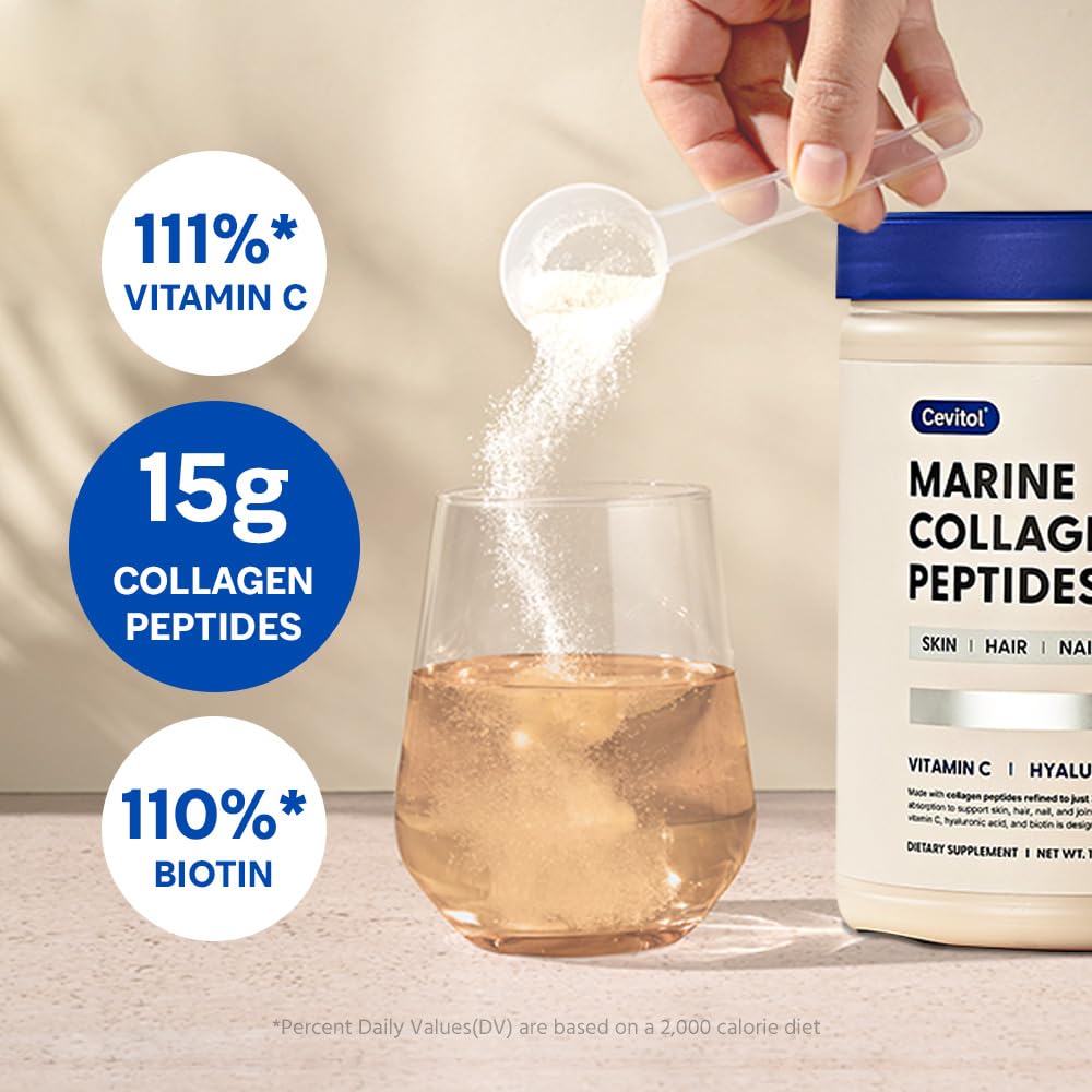 Cevitol Collagen Powder 454g lifestyle scene with ingredients