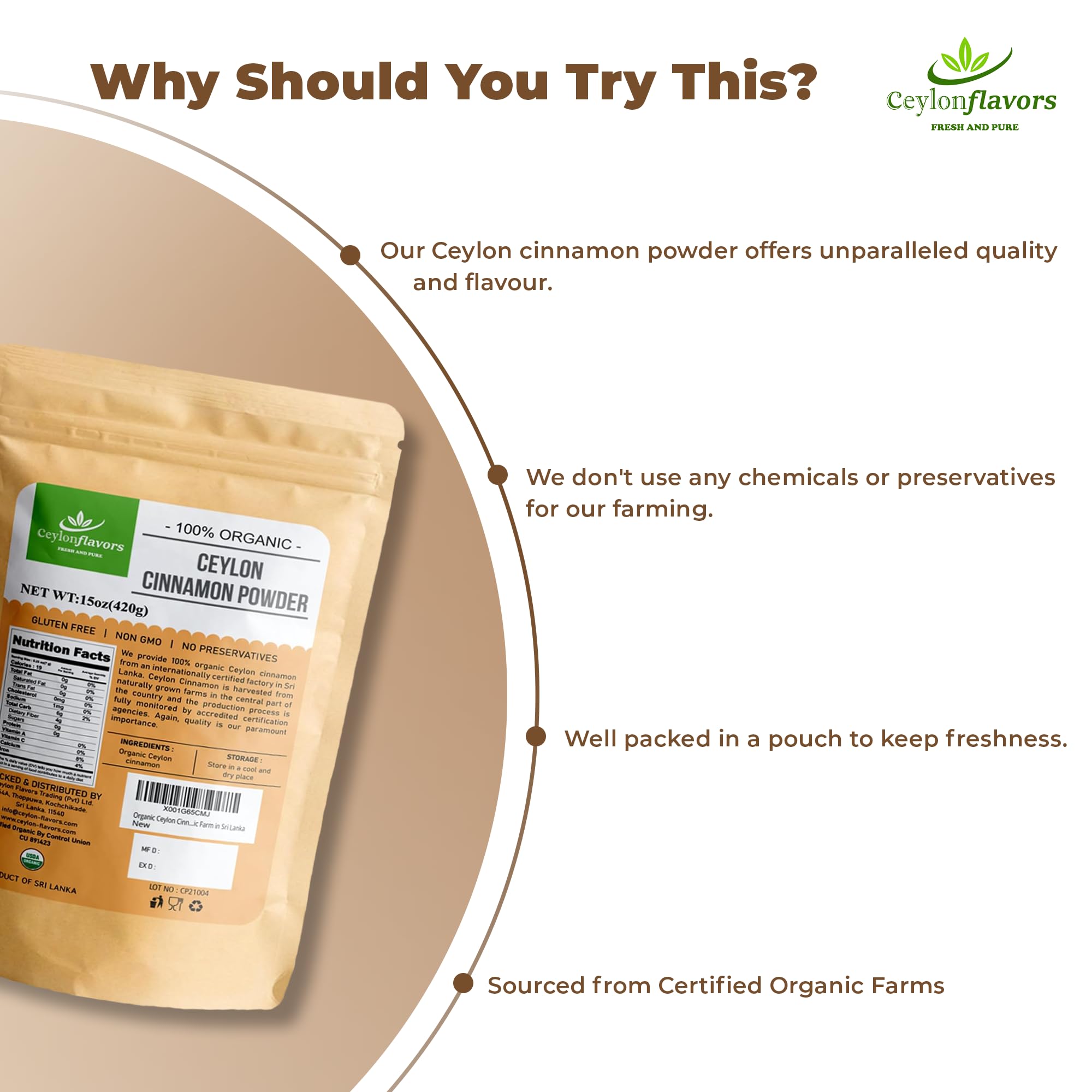CEYLONFLAVORS FRESH AND PURE Organic Ceylon Cinnamon Powder close-up of label