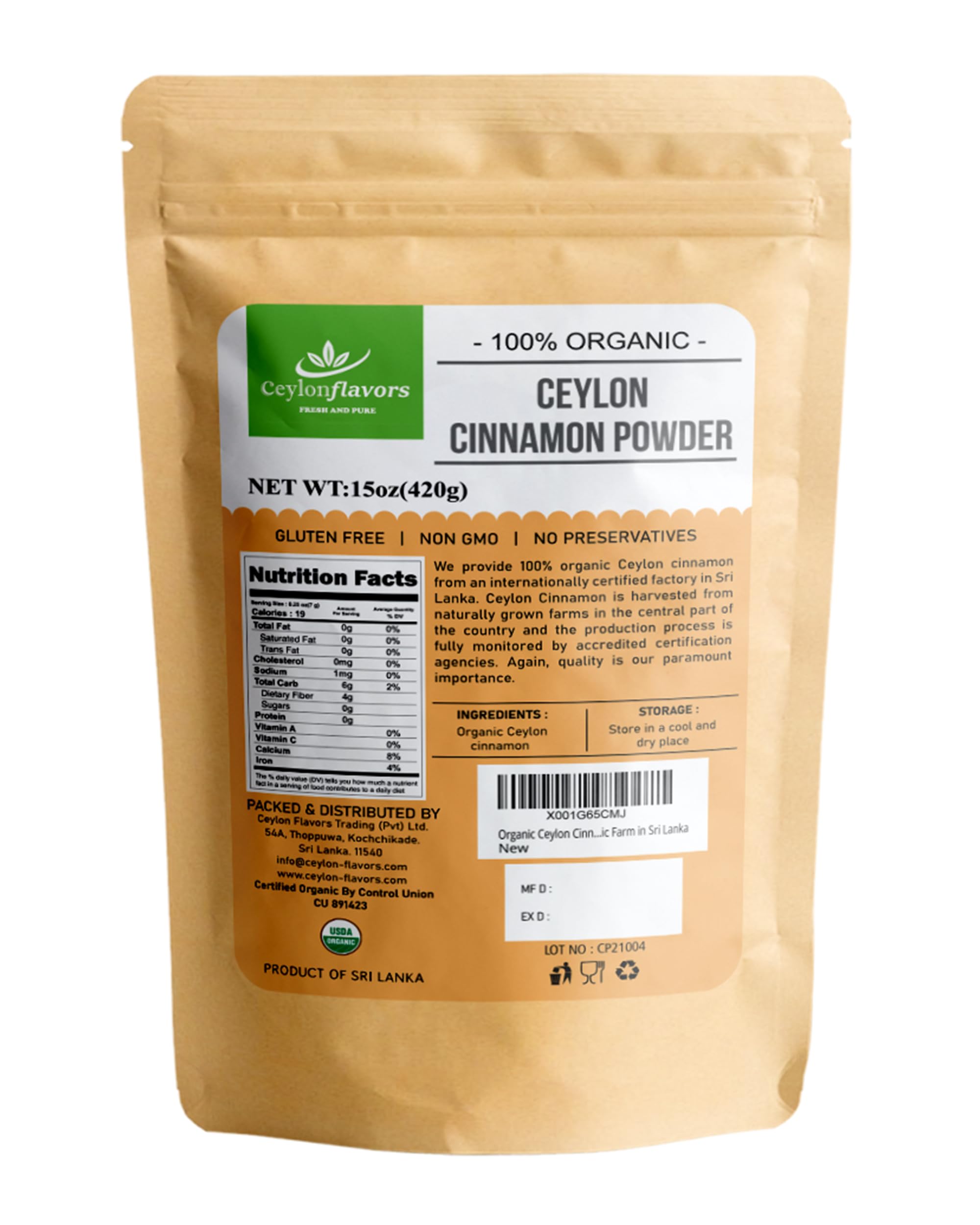 CEYLONFLAVORS FRESH AND PURE Organic Ceylon Cinnamon Powder front view