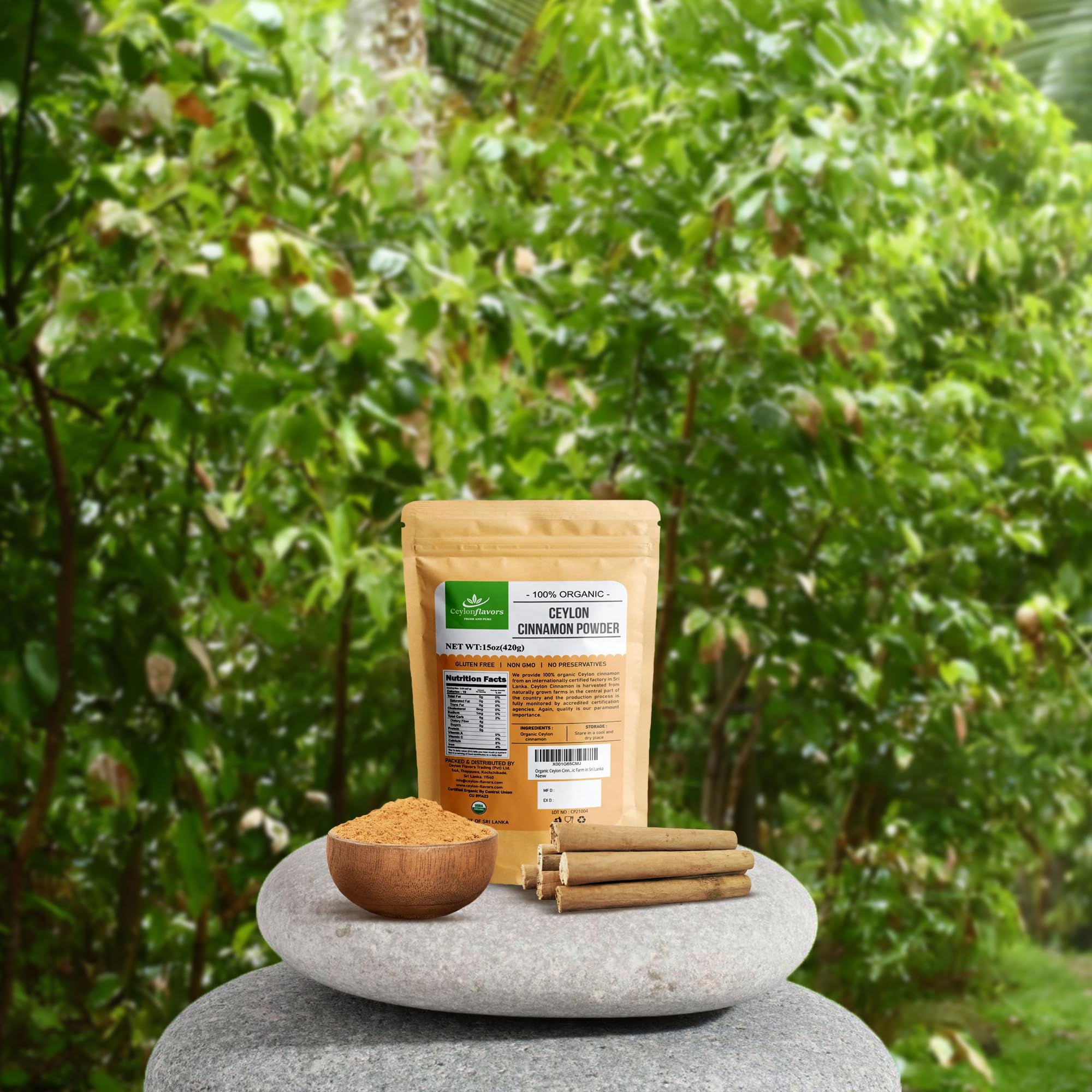CEYLONFLAVORS FRESH AND PURE Organic Ceylon Cinnamon Powder on a wooden spoon