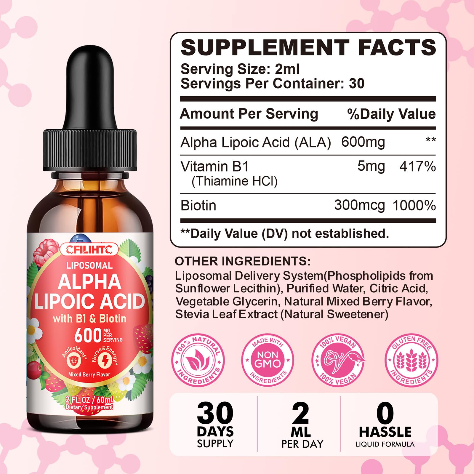 CFILIHTC Alpha Lipoic Acid 600mg liquid drops with a glass of water