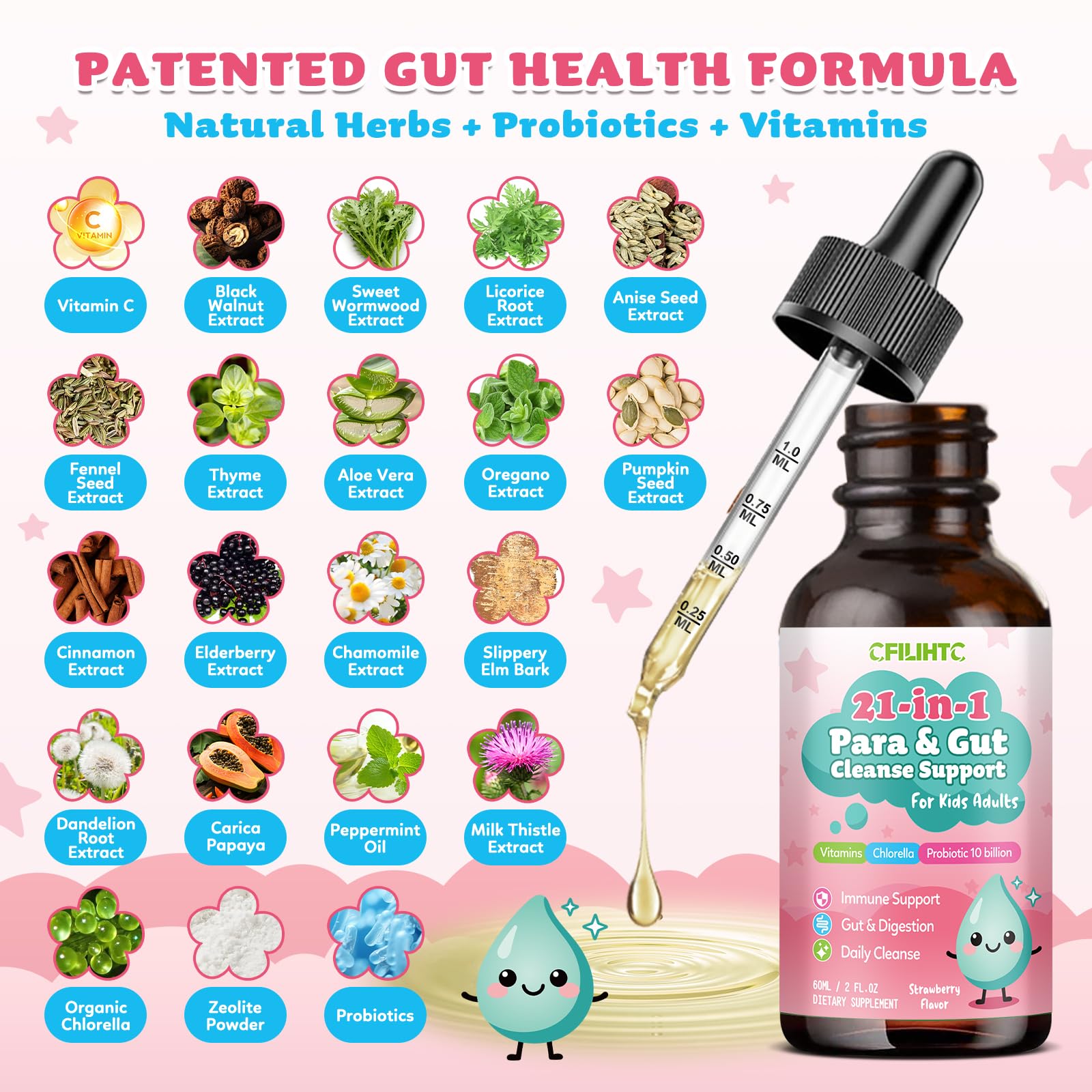 CFILIHTC Herbal Gut Cleanse for Kids 150g bottle on a kitchen counter
