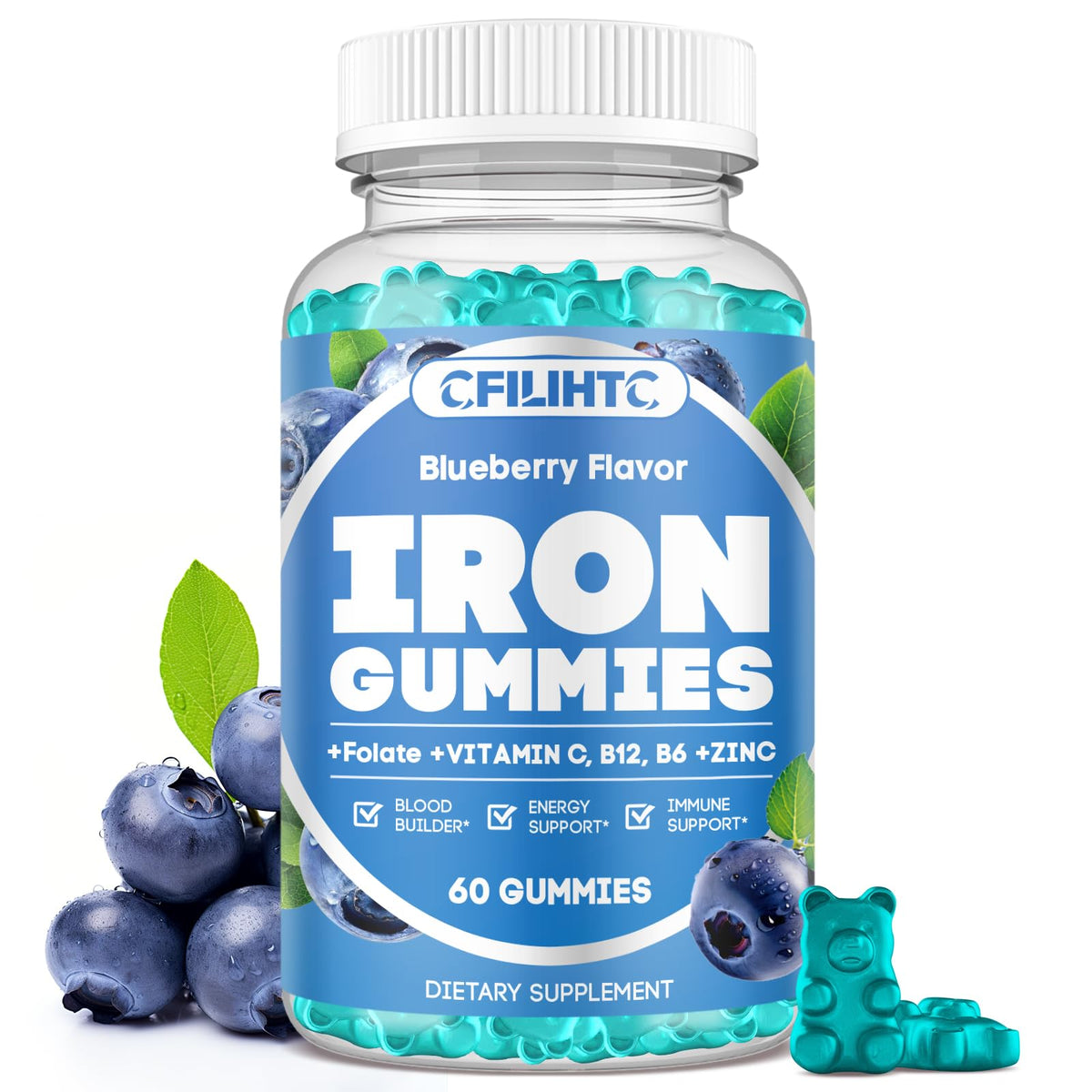 CFILIHTC Iron Gummies 200g front view with blueberry flavour