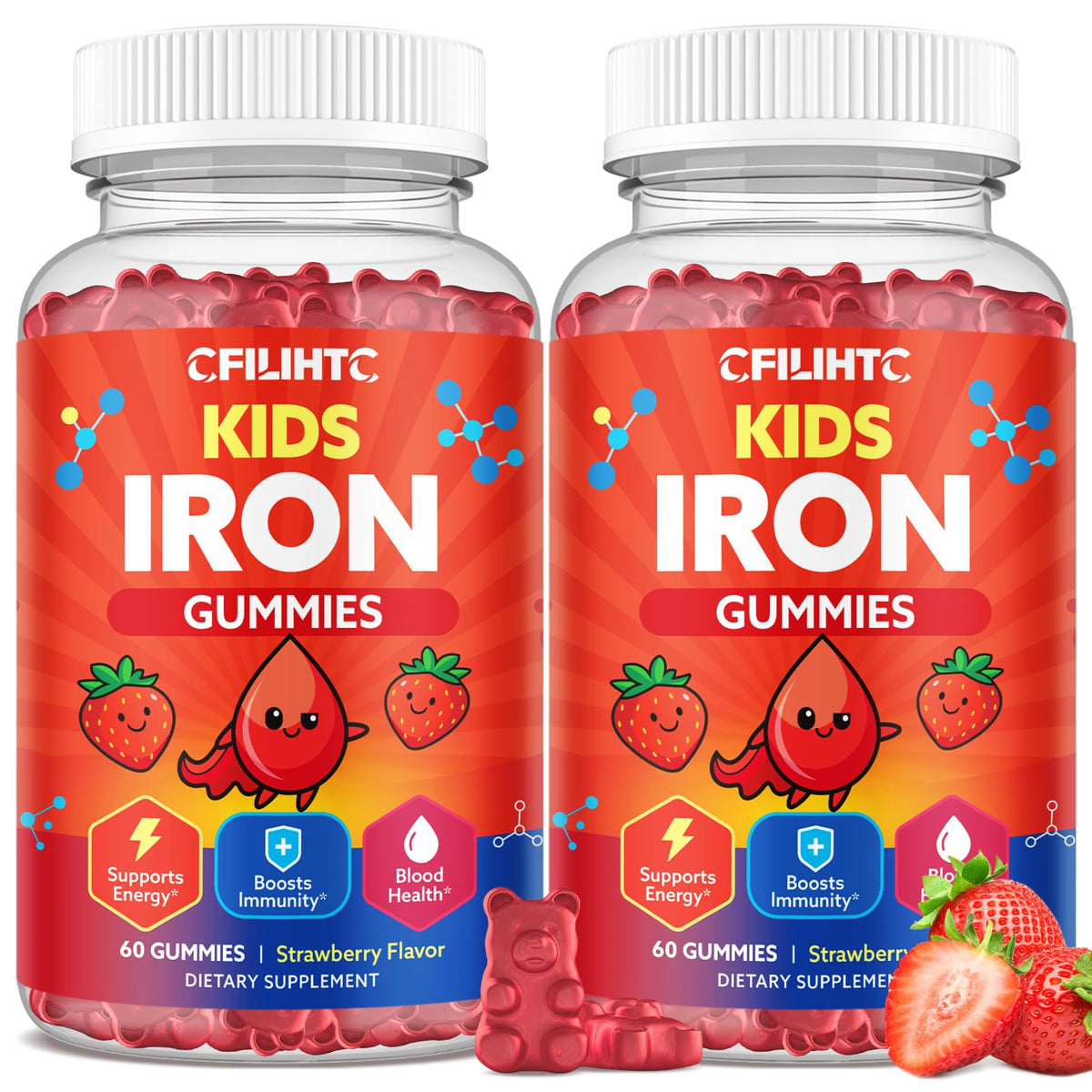 CFILIHTC Iron Gummies for Kids 60 Count Strawberry Flavour front view