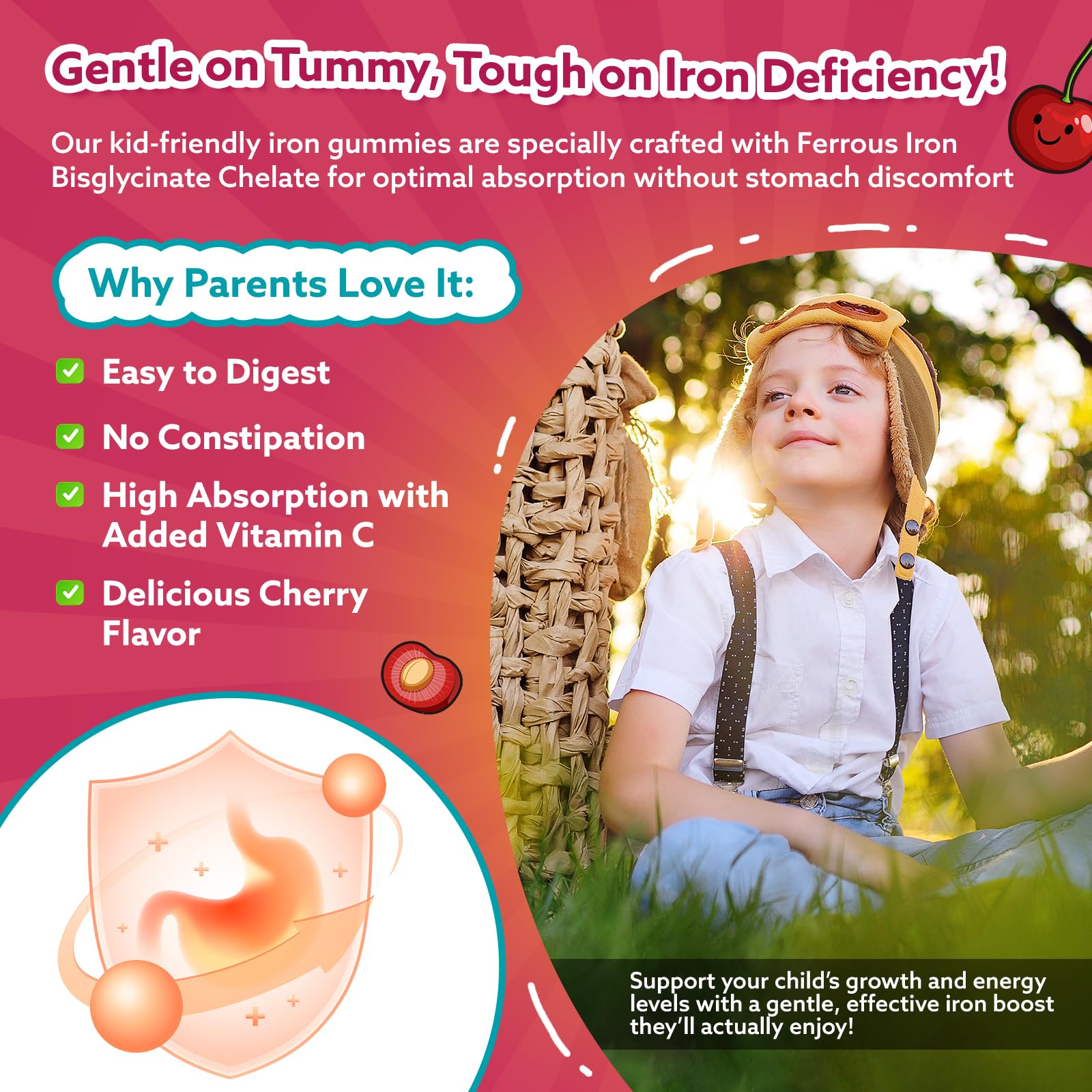 CFILIHTC Iron Gummies for Kids 60 Count Strawberry gummies close-up
