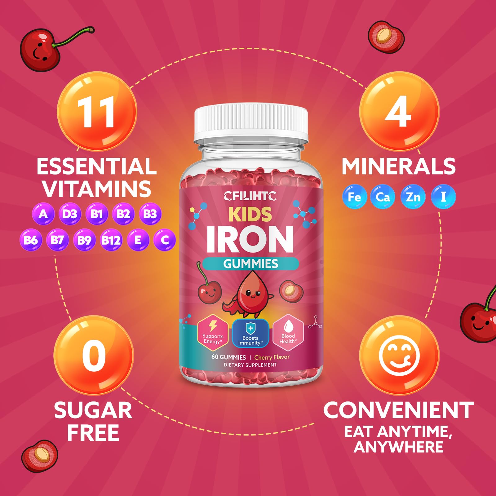 CFILIHTC Iron Gummies for Kids 60 Count Strawberry gummies lifestyle scene