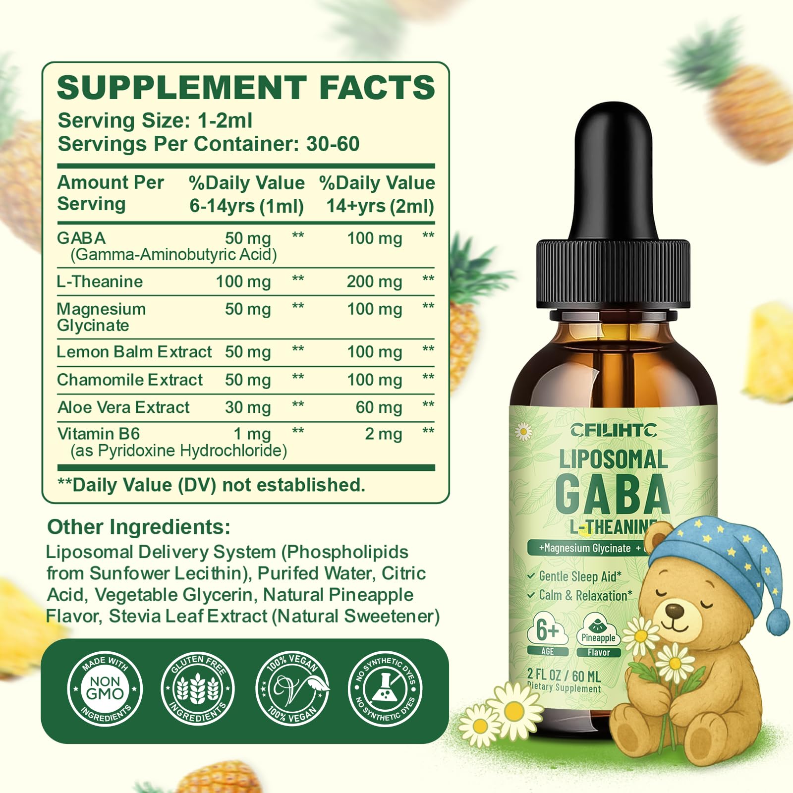 CFILIHTC Liposomal GABA L-Theanine Drops packaging and dosage instructions