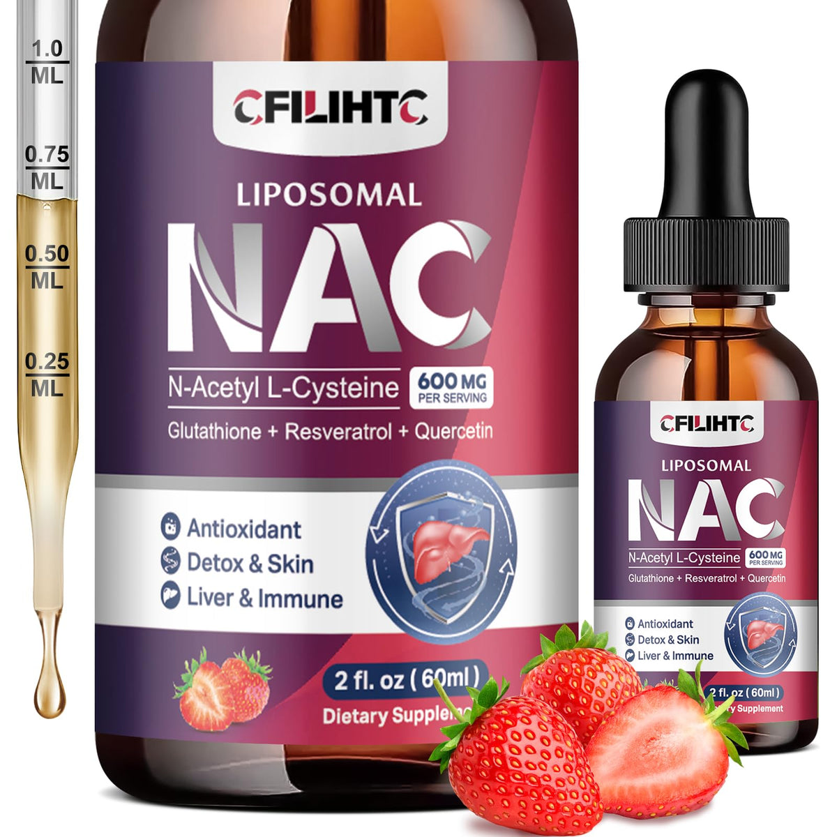 CFILIHTC NAC Liquid Drops 600mg front view with strawberry flavour