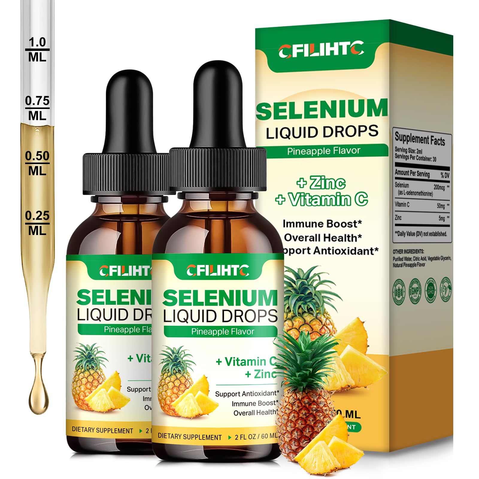 CFILIHTC Selenium Liquid Drops 2 Pack front view with pineapple flavour