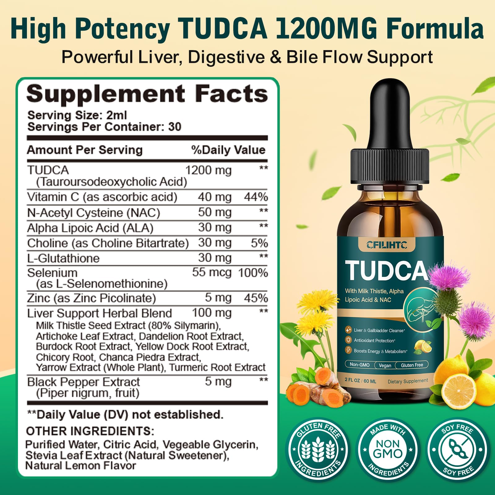 CFILIHTC TUDCA Liquid Liver Extract 1200mg bottle side view