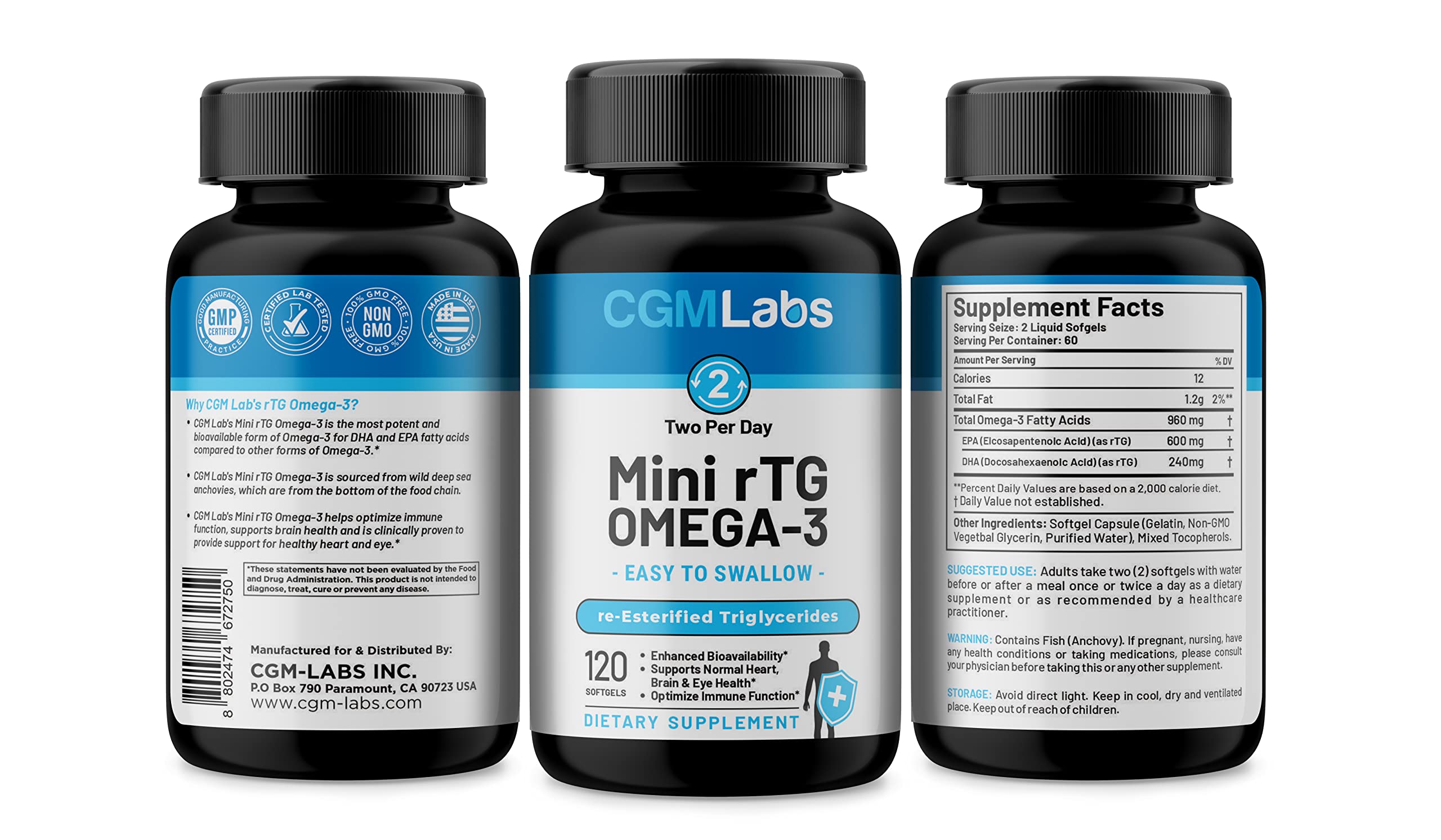 CGMLABS rTG Omega-3 Mini Softgels in hand for size reference