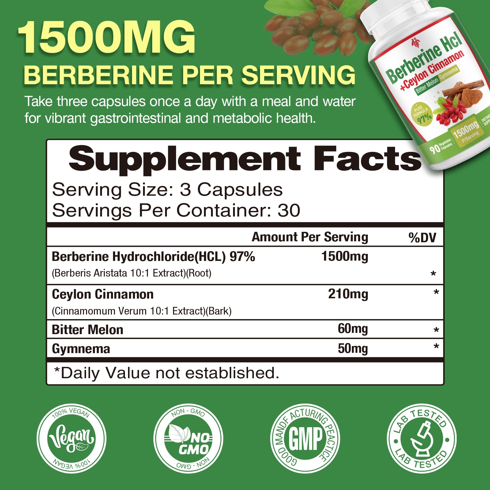 CHANUBITO Berberine with Ceylon Cinnamon 1500mg capsules packaging details