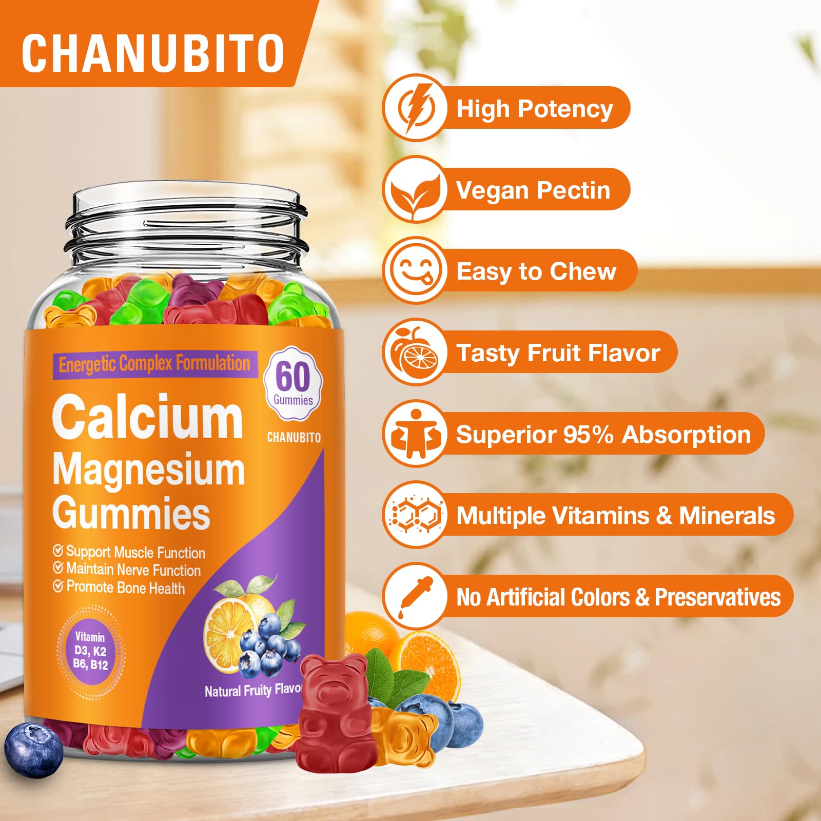 CHANUBITO Calcium Magnesium Zinc Gummies on a table