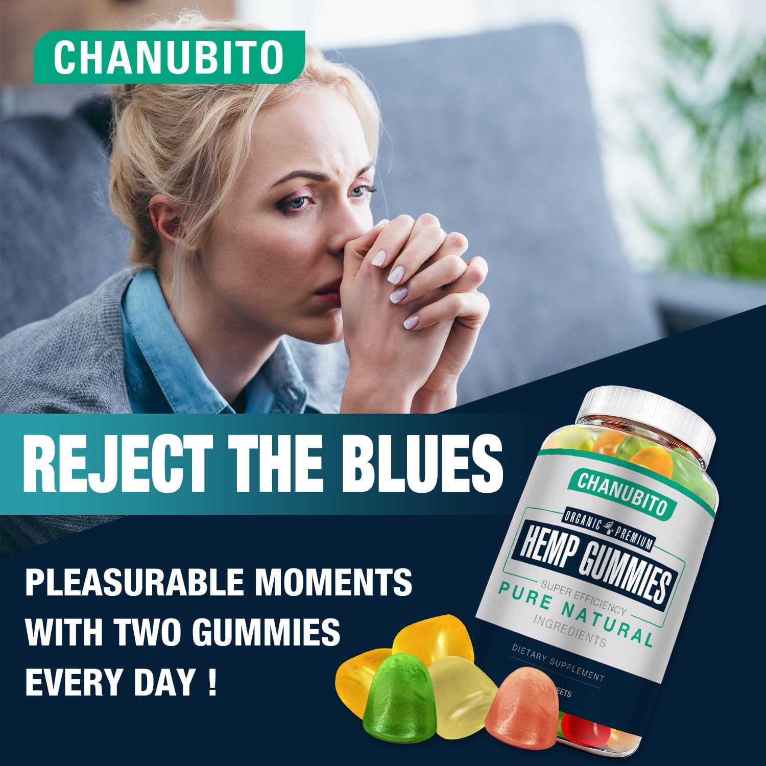 CHANUBITO Organic Hemp Gummies displayed on a wooden table