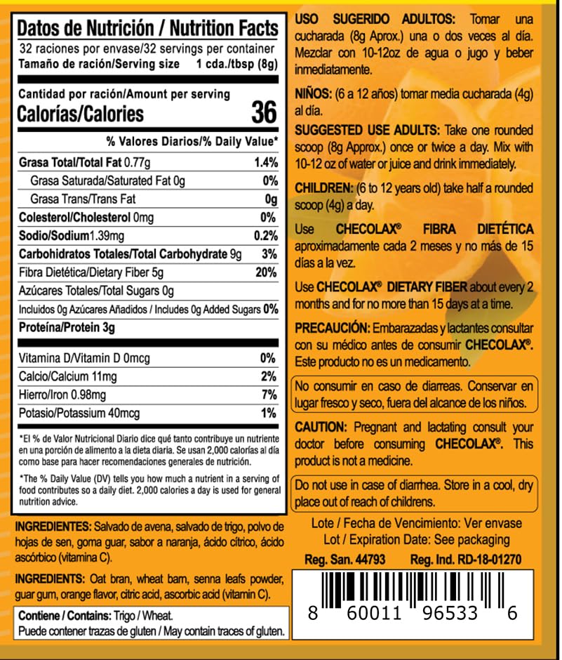 CHECOLAX Organic Fibre Supplement 128g back view