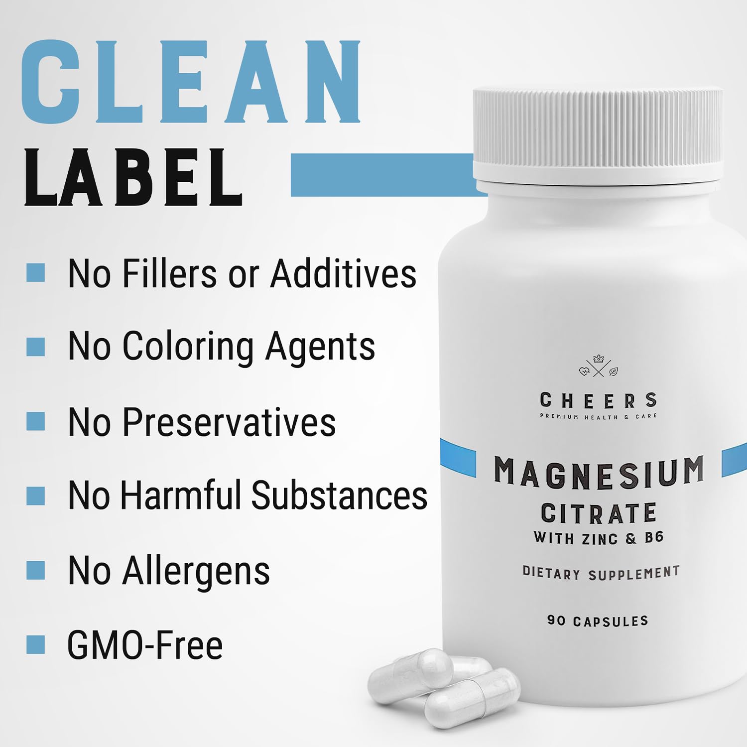 CHEERS Magnesium Citrate capsules on a wooden surface