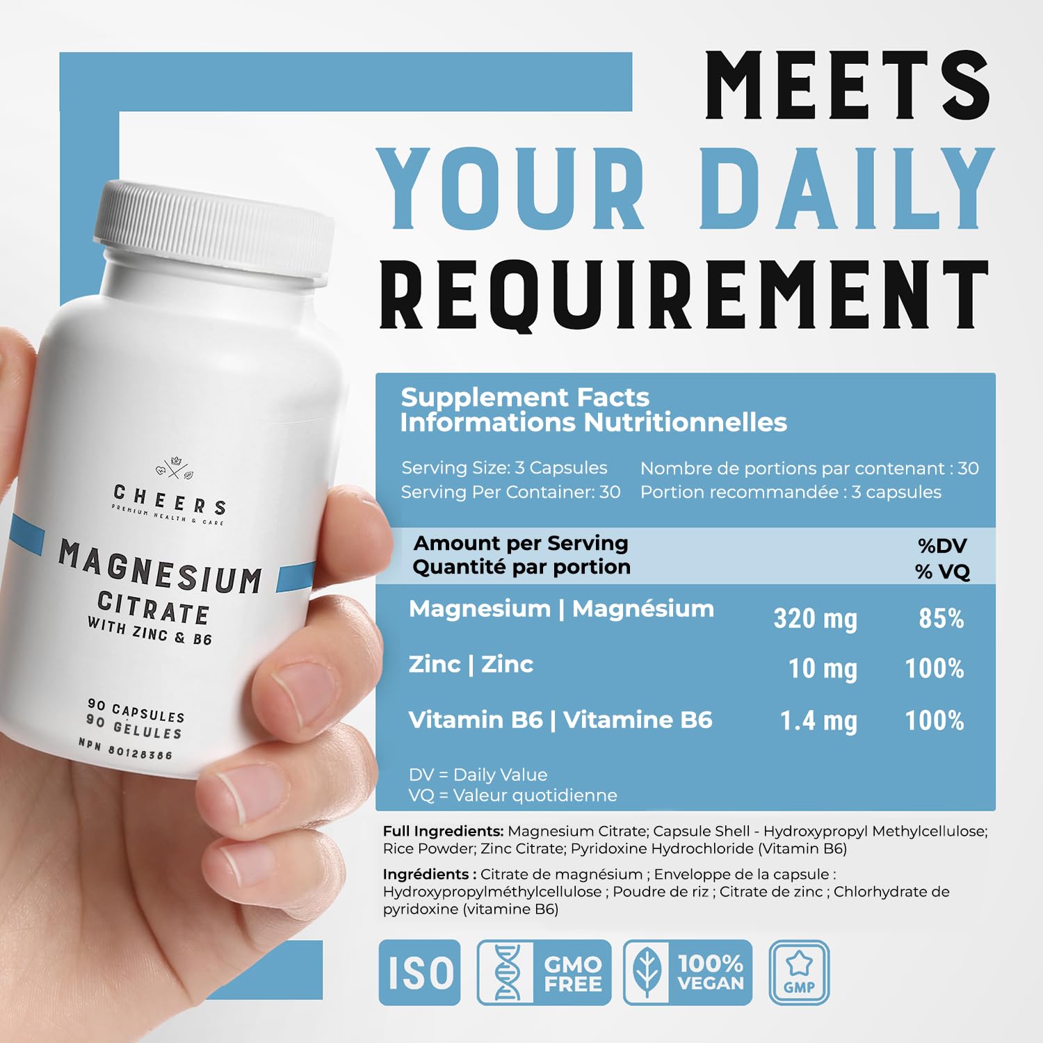 CHEERS Magnesium Citrate ingredients list on packaging