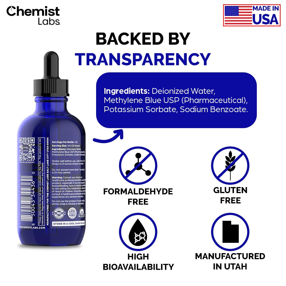 Chemist Labs Methylene Blue 1% Liquid Supplement on a wooden table