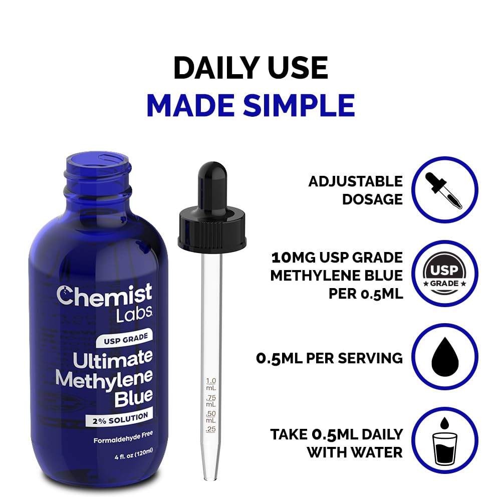 Chemist Labs Methylene Blue 2% Liquid Supplement 4oz bottle side view