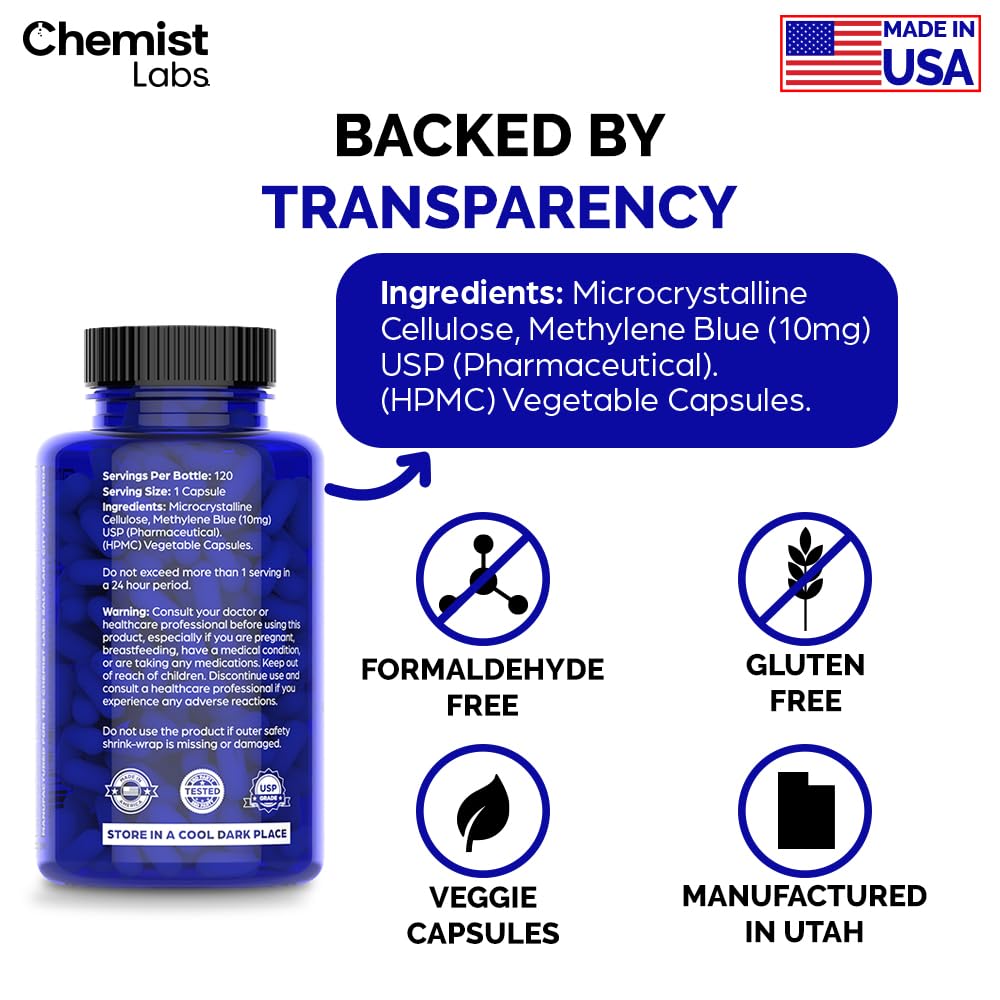 Chemist Labs Methylene Blue Supplement capsule with a glass of water