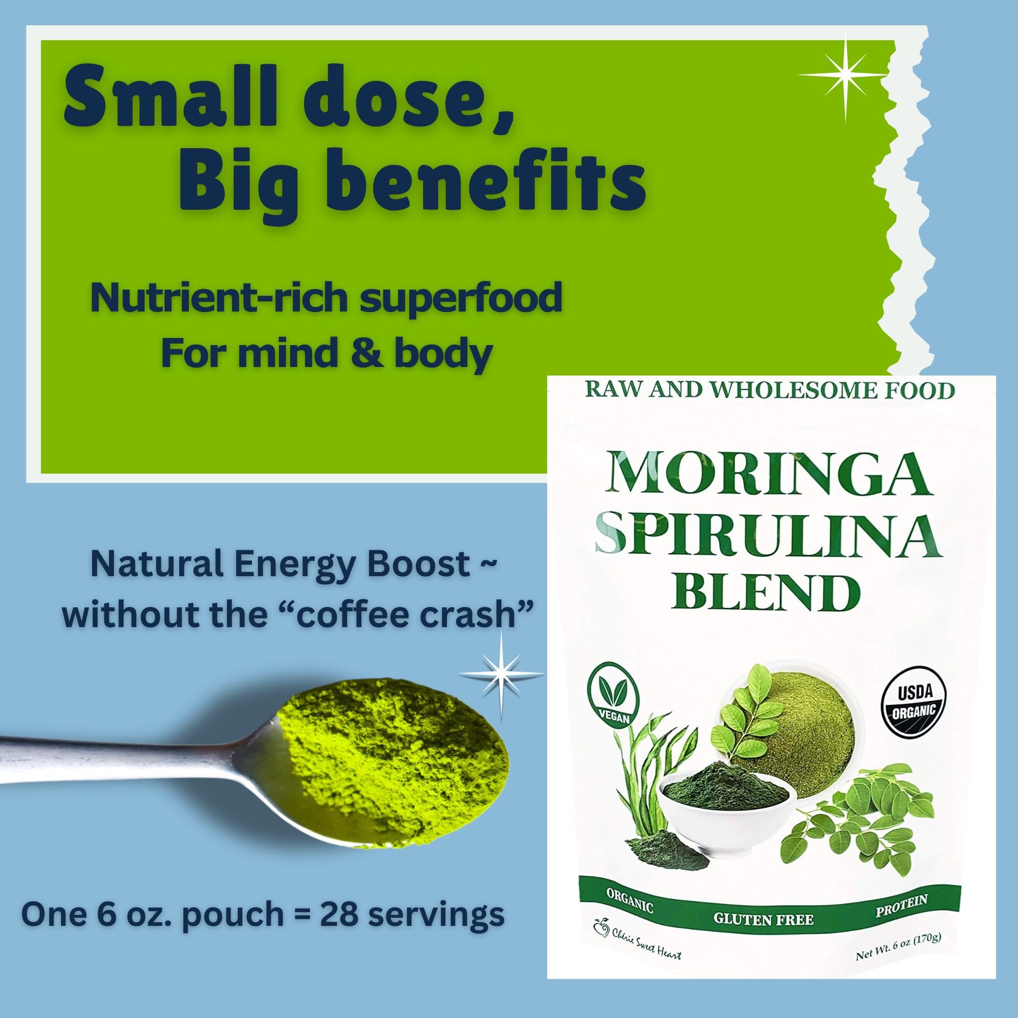 Chérie Sweet Heart Organic Moringa & Spirulina Blend resealable bag open