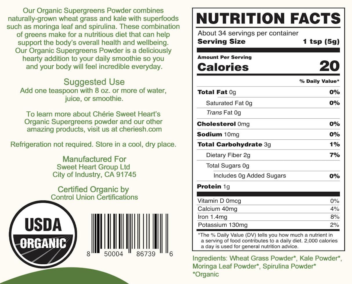 Chérie Sweet Heart Spirulina Superfood Powder nutritional information