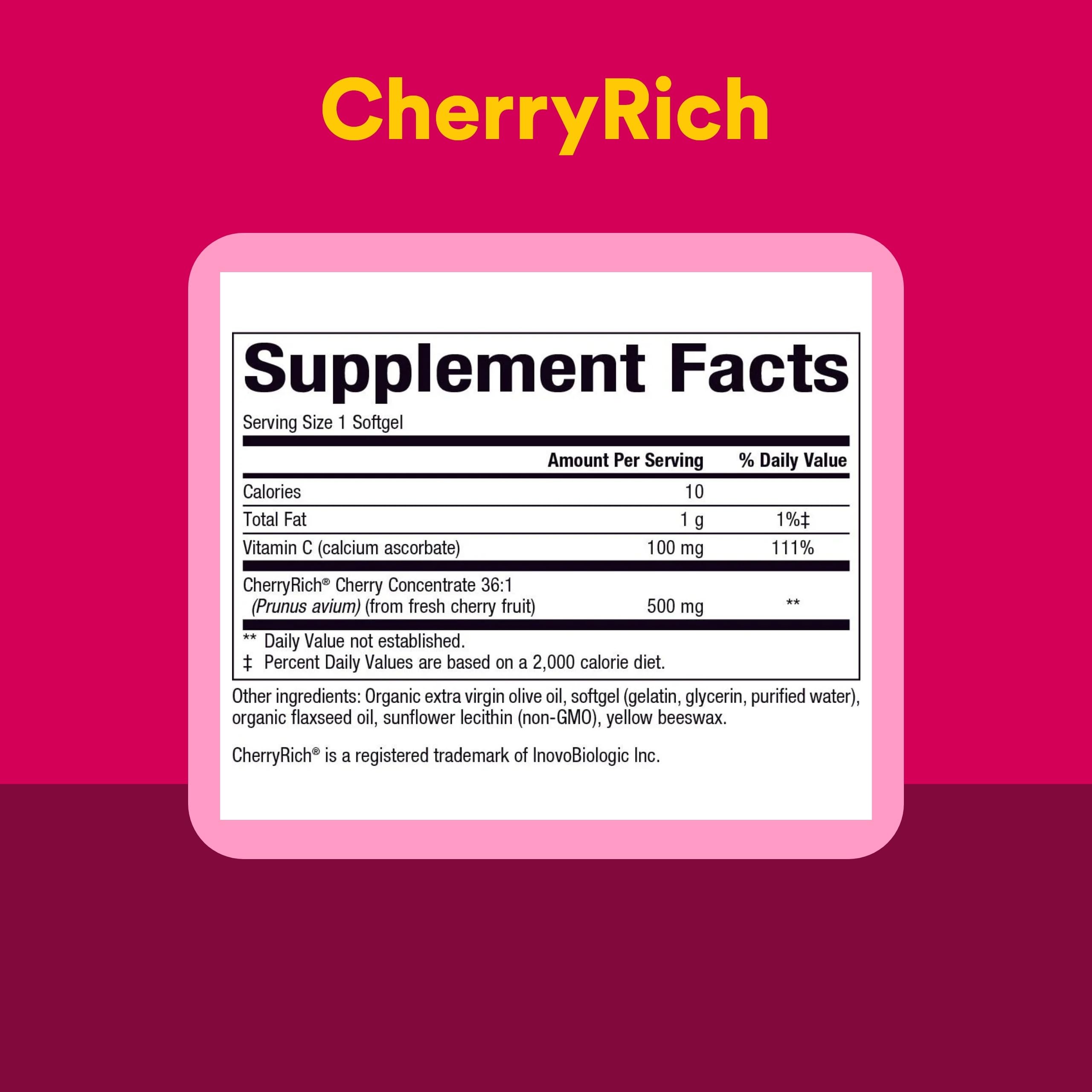 CherryRich Super Strength Cherry Concentrate softgels with fresh cherries