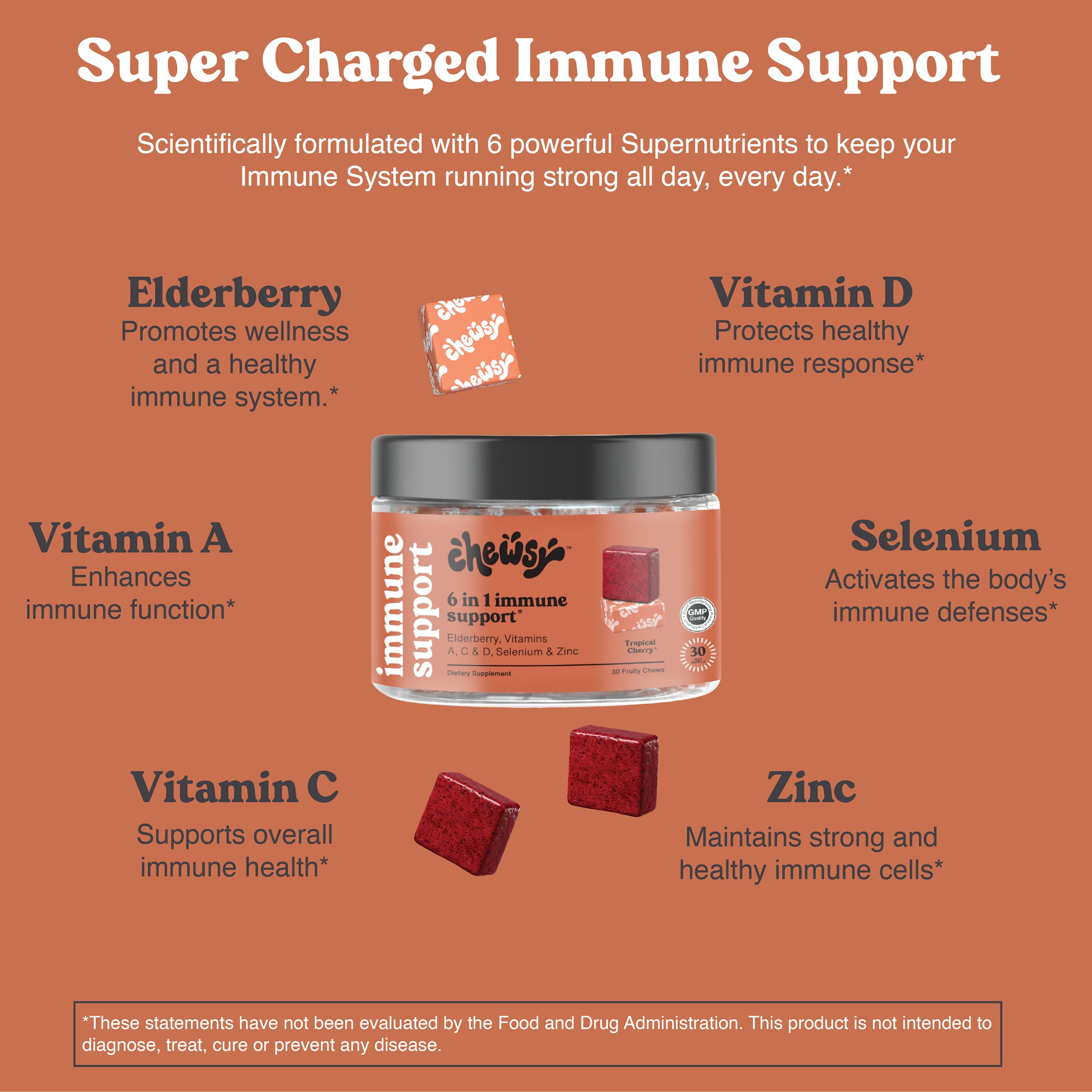 CHEWSY 6-in-1 daily wellness Support Fruity Chews displayed on a table