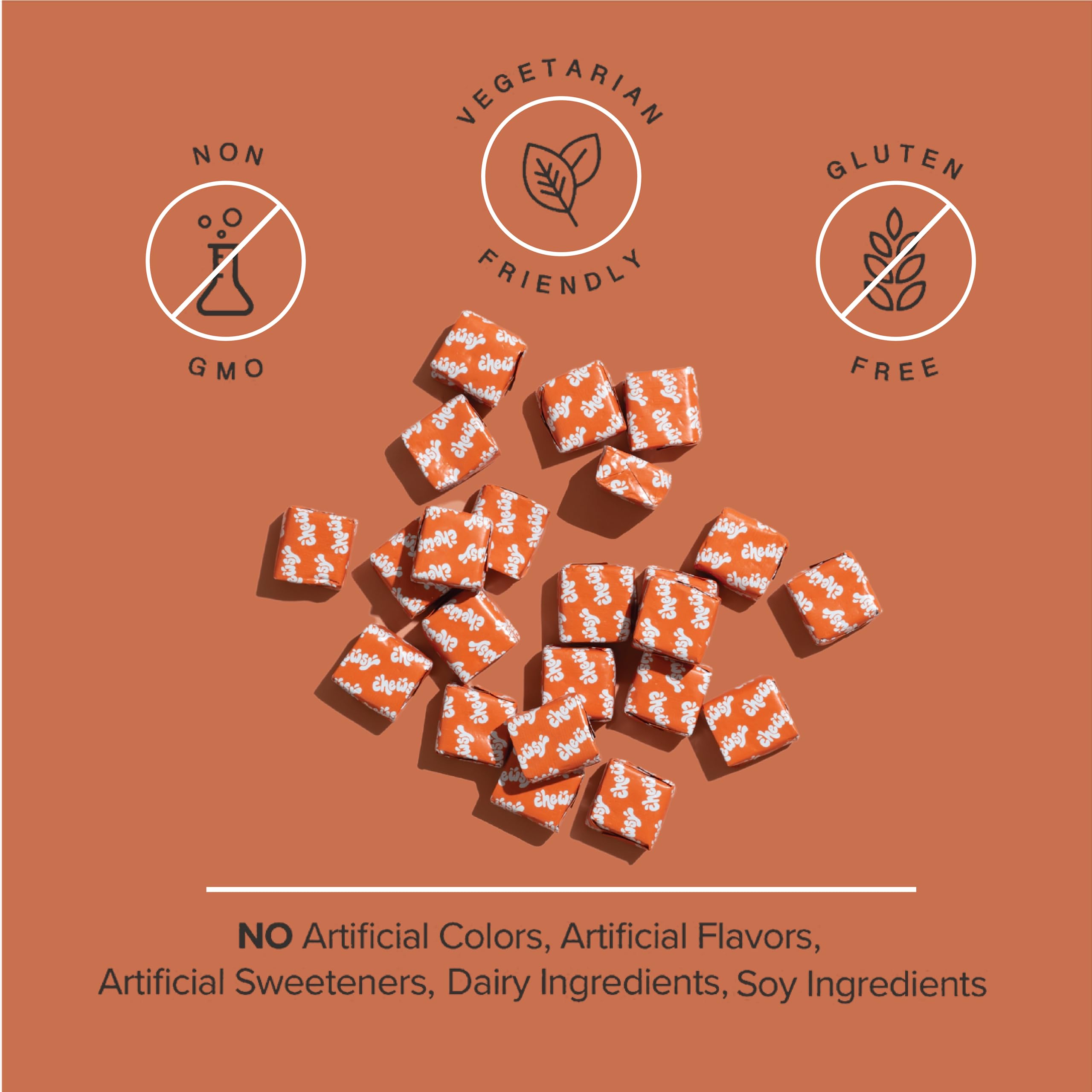 CHEWSY Fruity Chews pack with individual chews spread out