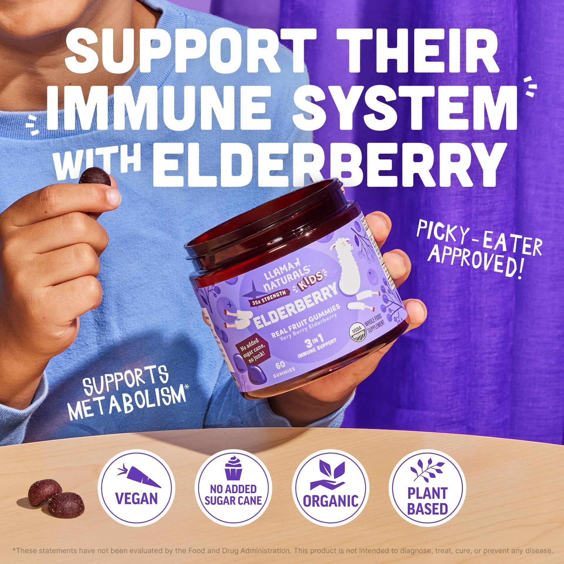 Child holding Llama Naturals Elderberry Gummies with a smile