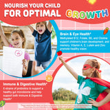 Child holding NEVISS Kids Methylated Multivitamin Gummies with a smile