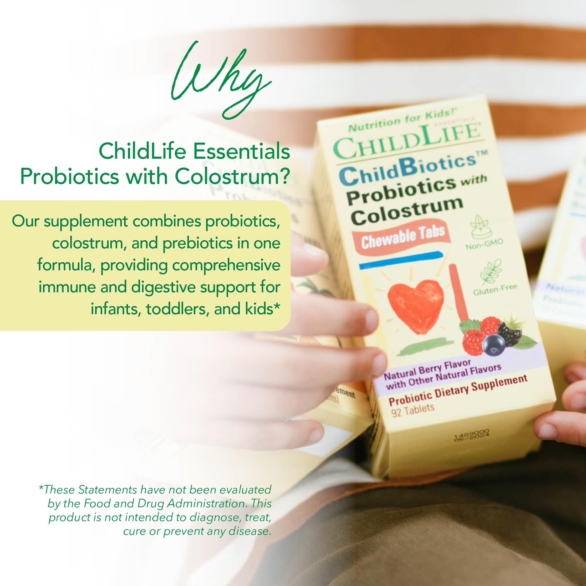 ChildLife Essentials ChildBiotics Probiotics with Colostrum tablets on a table