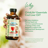 CHILDLIFE ESSENTIALS Cod Liver Oil bottle with strawberry background