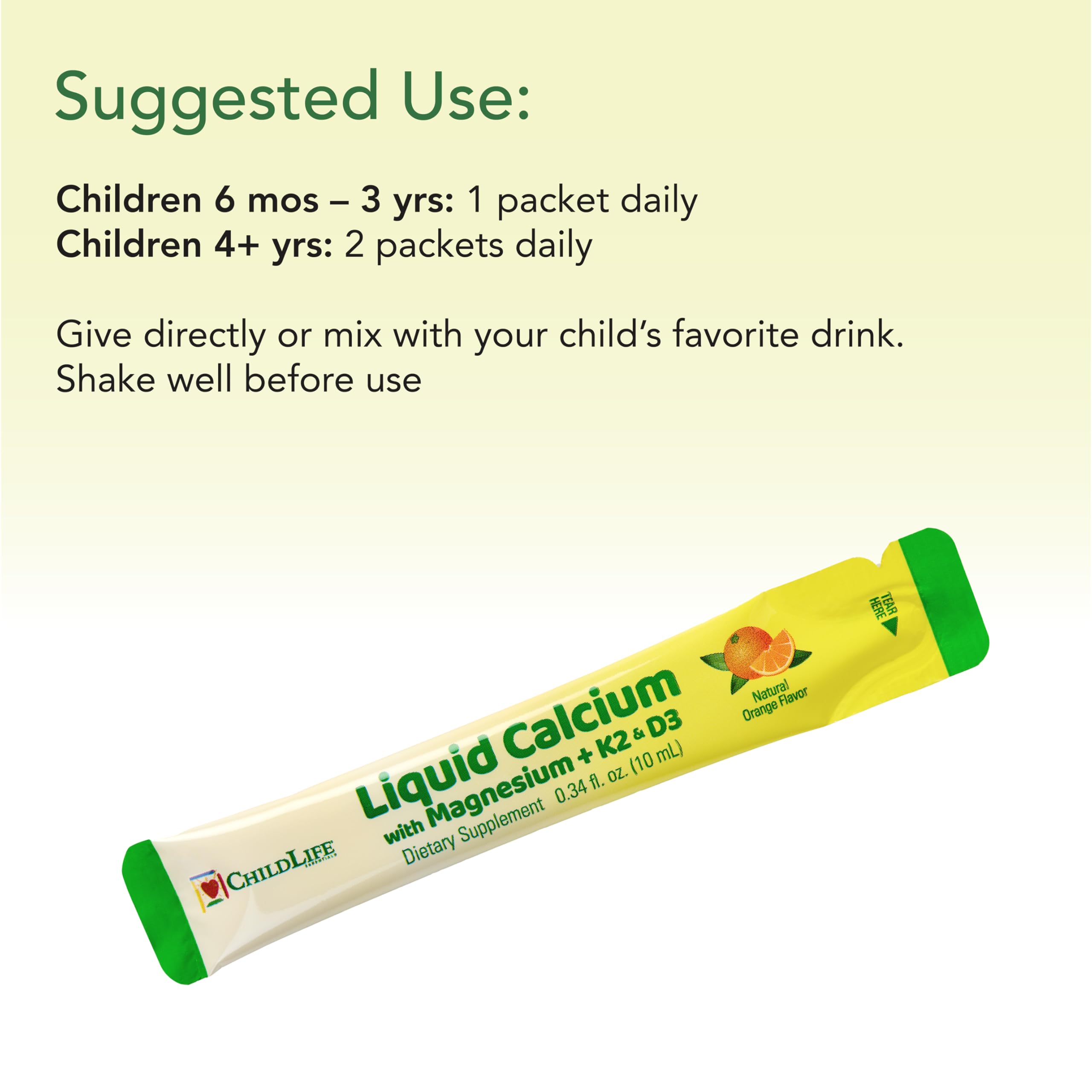 CHILDLIFE ESSENTIALS Liquid Calcium with Magnesium stick packs on a table