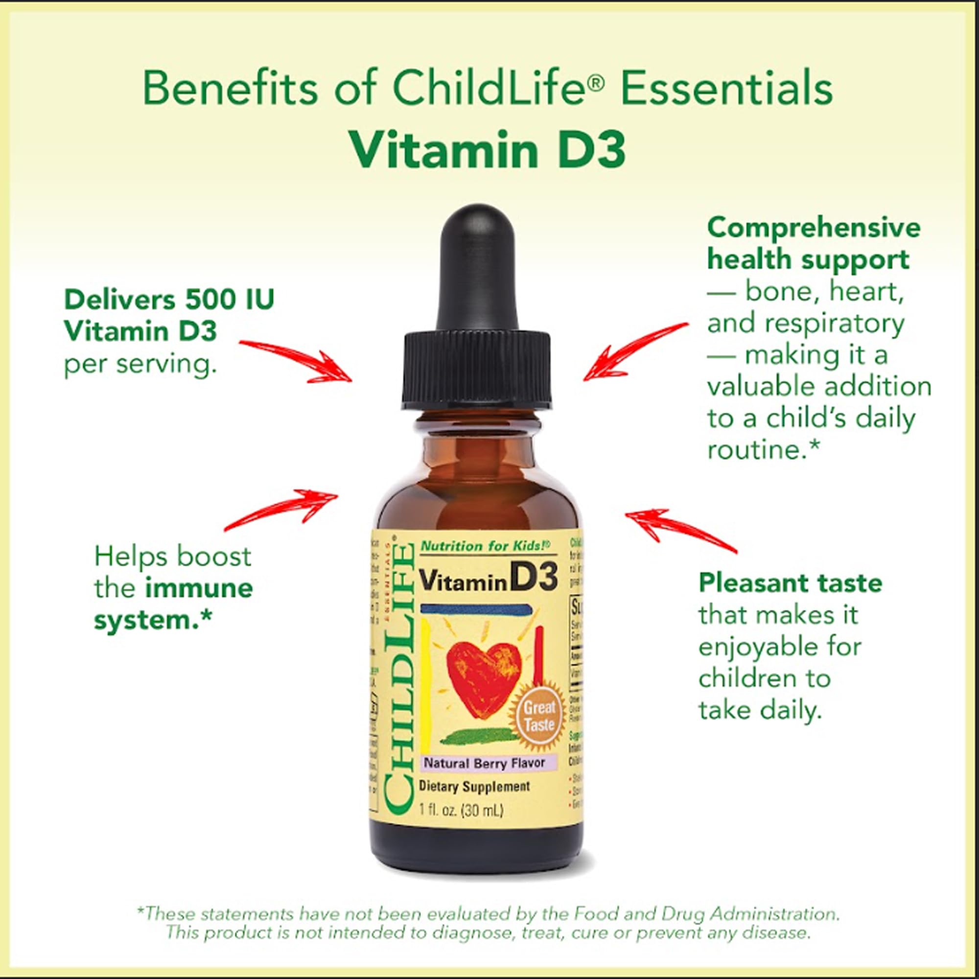 CHILDLIFE ESSENTIALS Vitamin D3 Drops 500 IU with dosage instructions