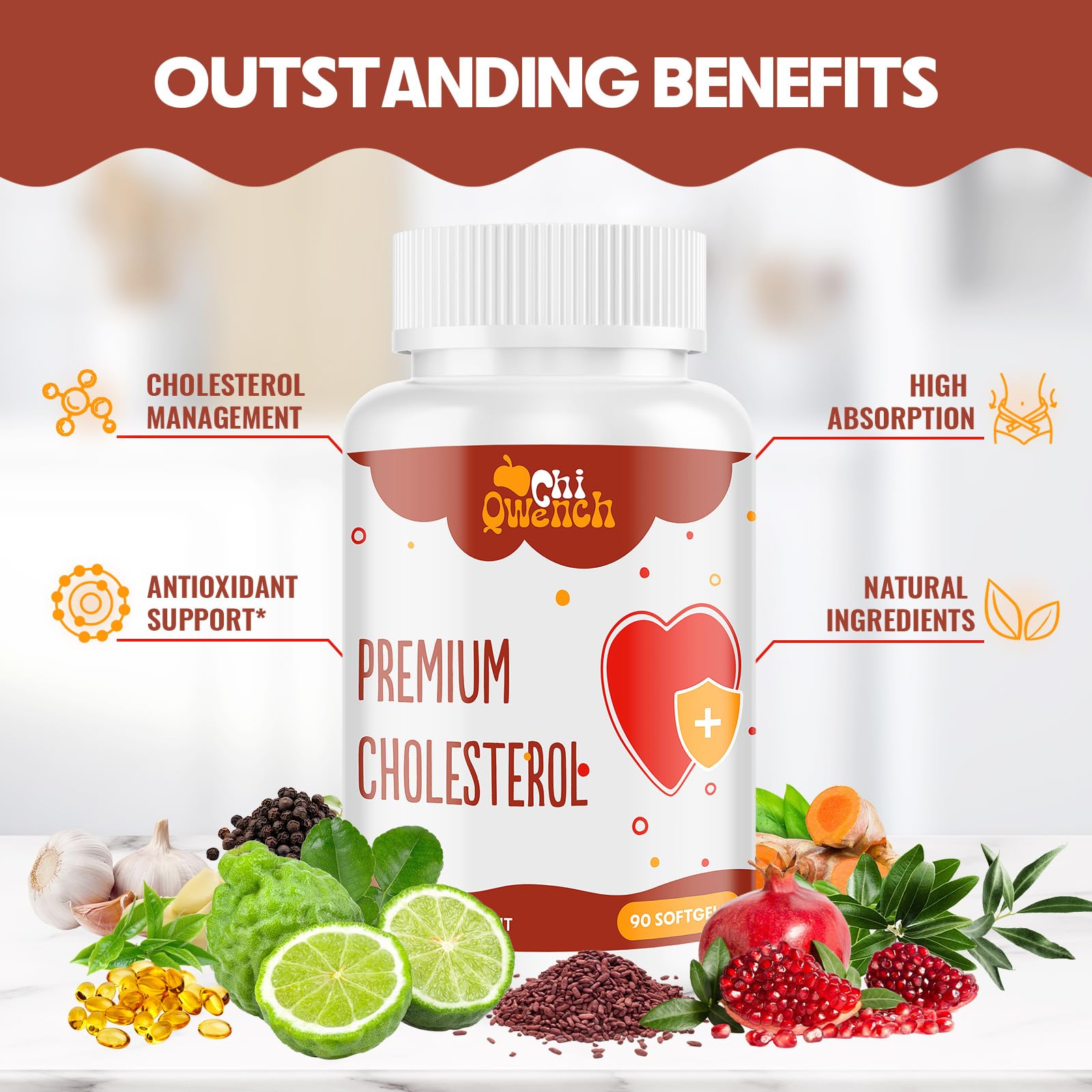 ChiQwench 14-in-1 Cholesterol Complex Supplements with capsules on a table
