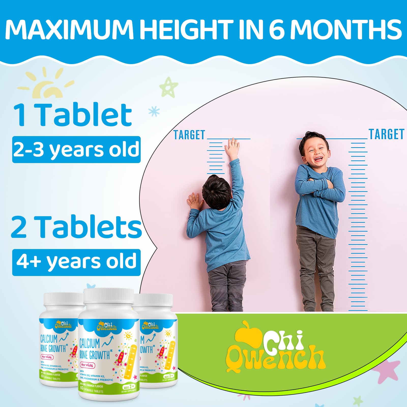 ChiQwench Kids Calcium Supplement chewable tablets with ingredients listed
