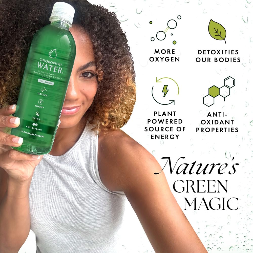 Chlorophyll Water bottle side view showing Clean Label certification
