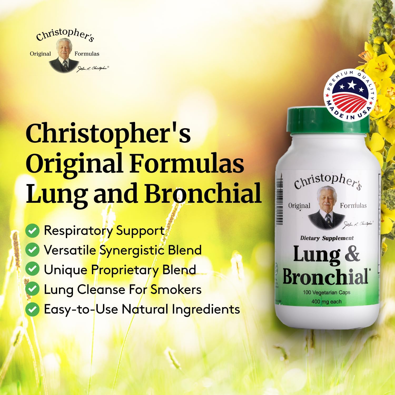 Christopher's Lung and Bronchial Formula capsules on a wooden surface