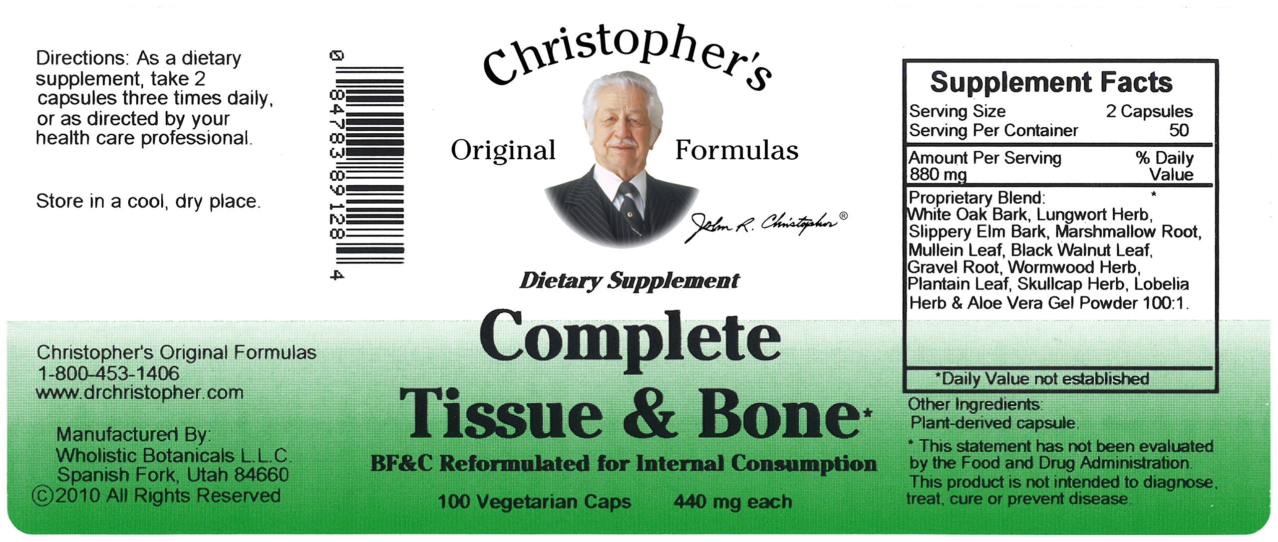 Christopher's Original Formulas Complete Tissue and Bone Formula capsules in a hand