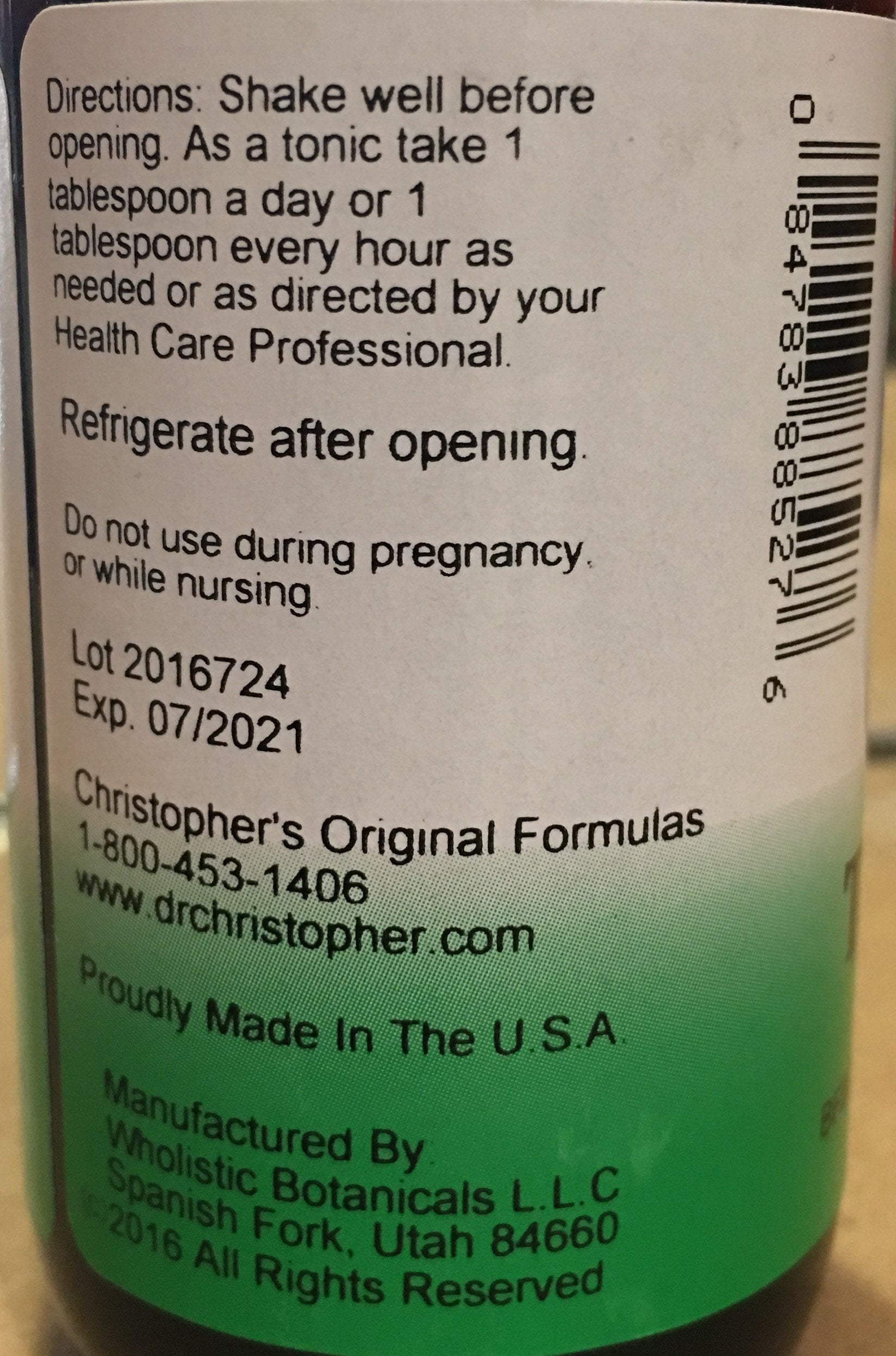 Christopher's Original Formulas Complete Tissue and Bone Syrup 4 oz back view with ingredients