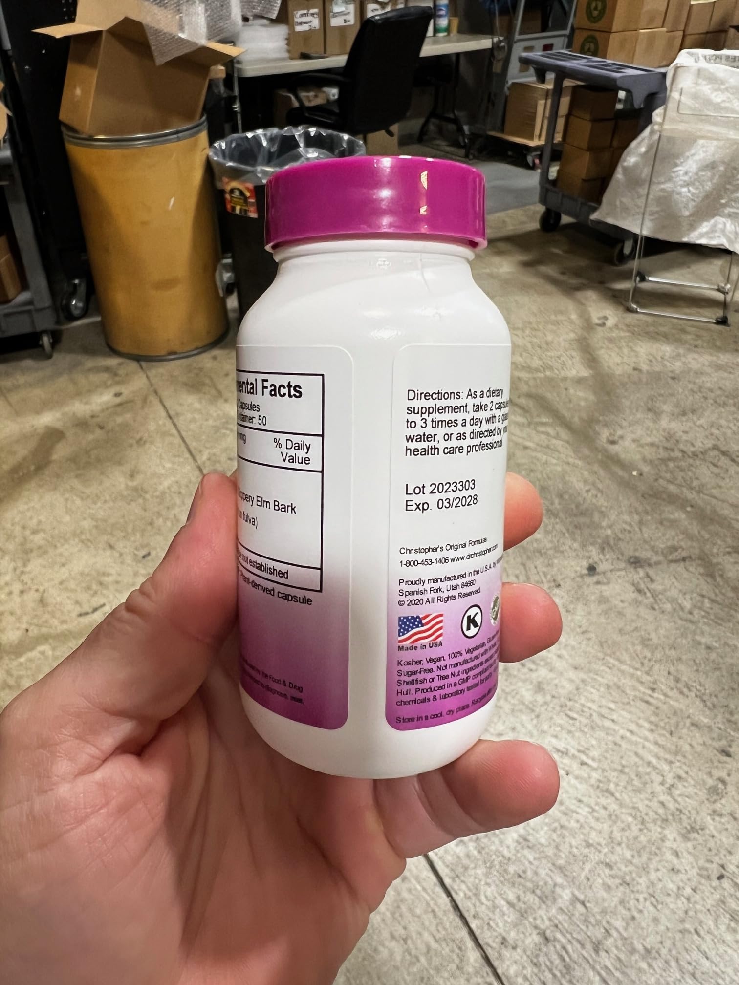 Christopher's Original Formulas Slippery Elm Capsules opened bottle with capsules