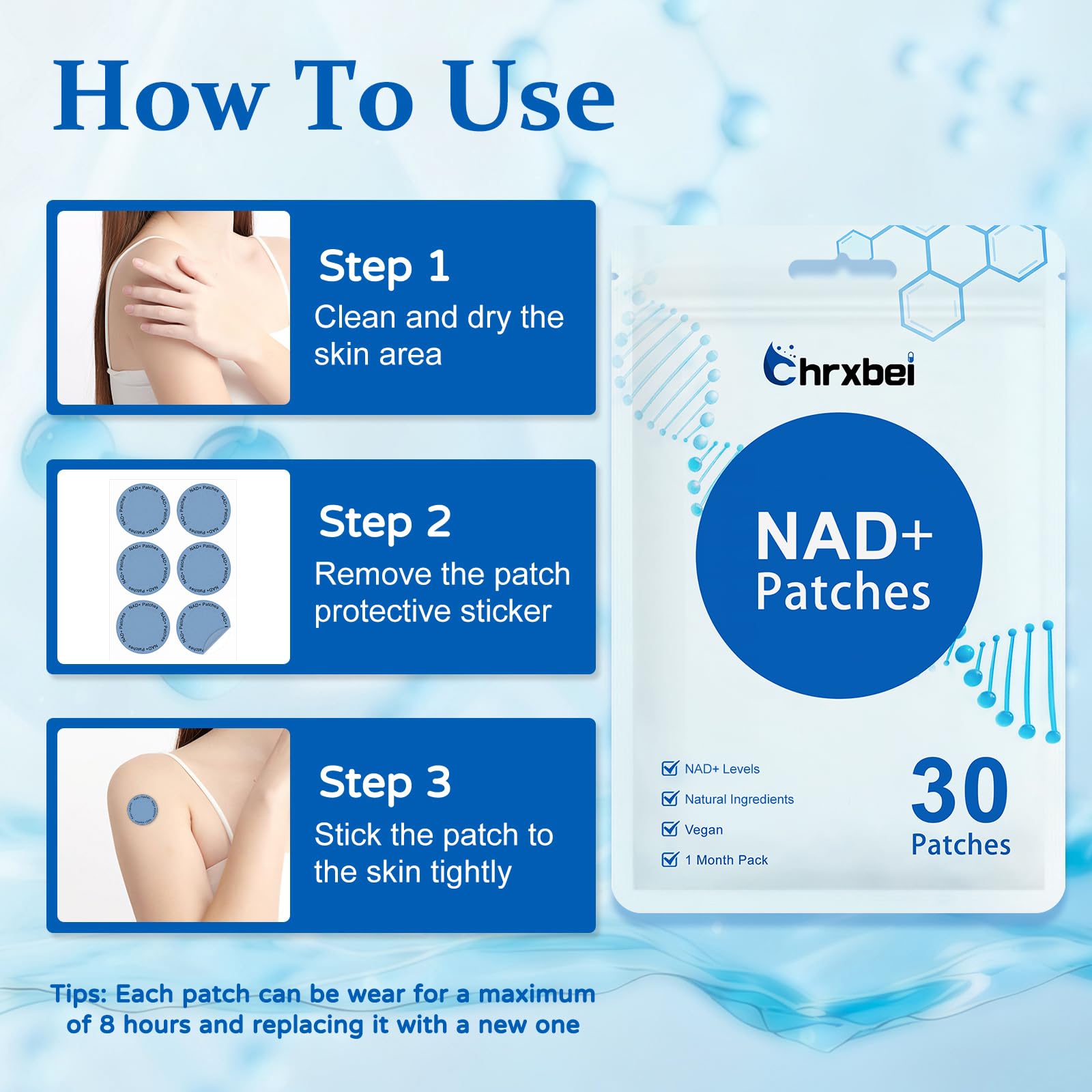 Chrxbei NAD+ patches details on the back of packaging
