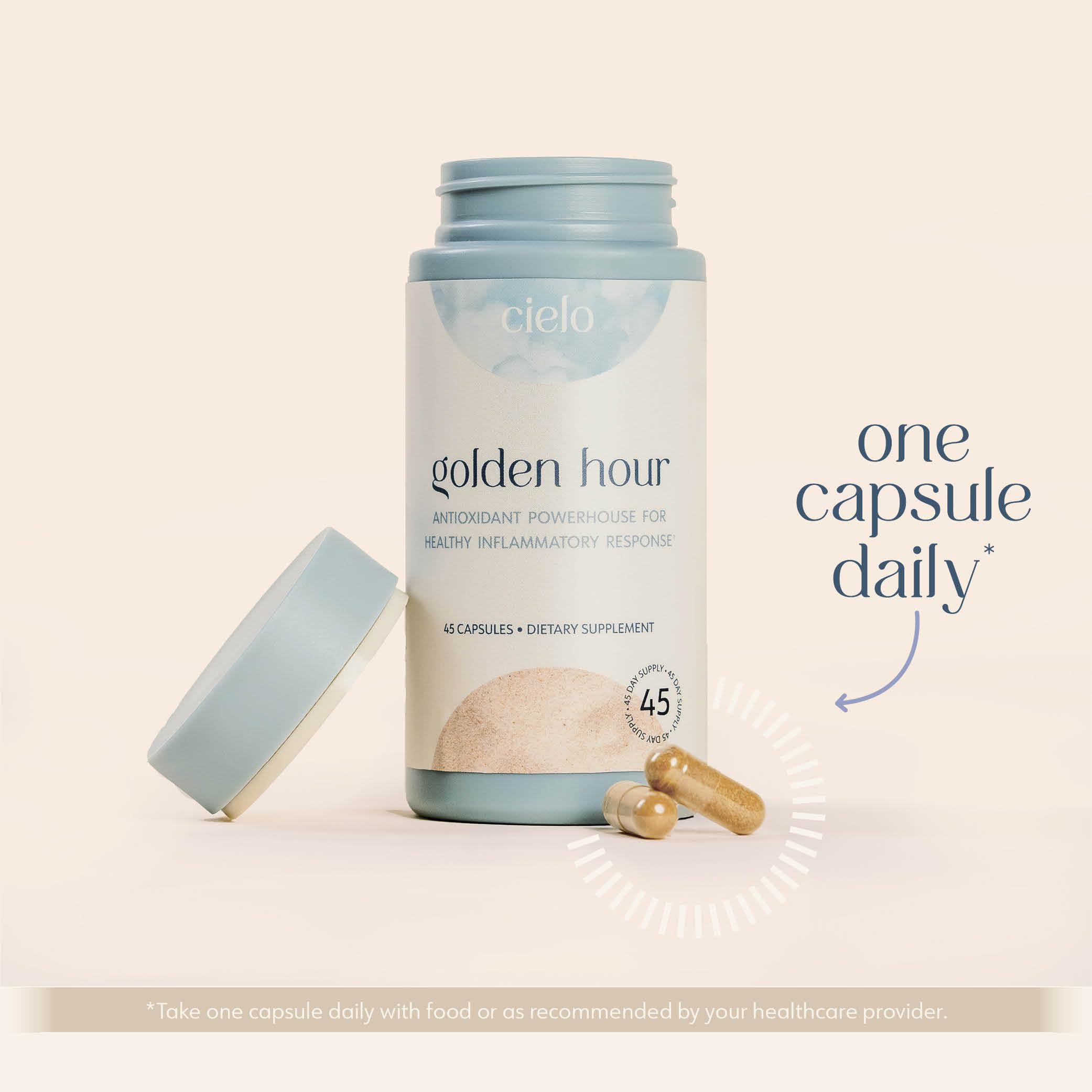 Cielo Golden Hour supplement bottle on a wooden table