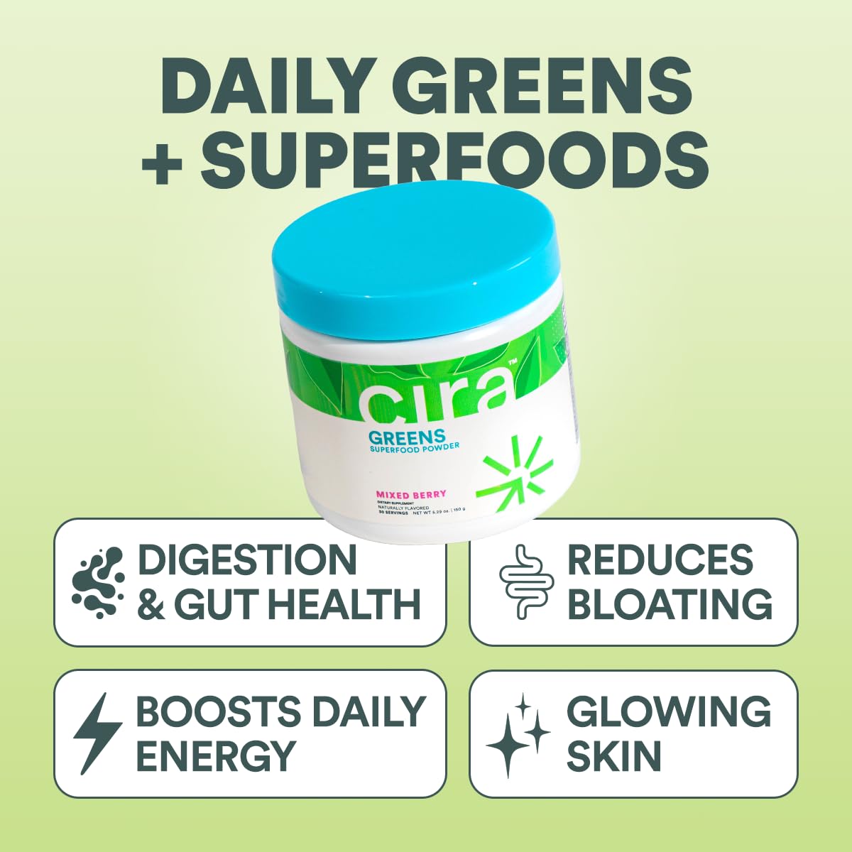 Cira Greens Superfood Powder 70g scoop with powder