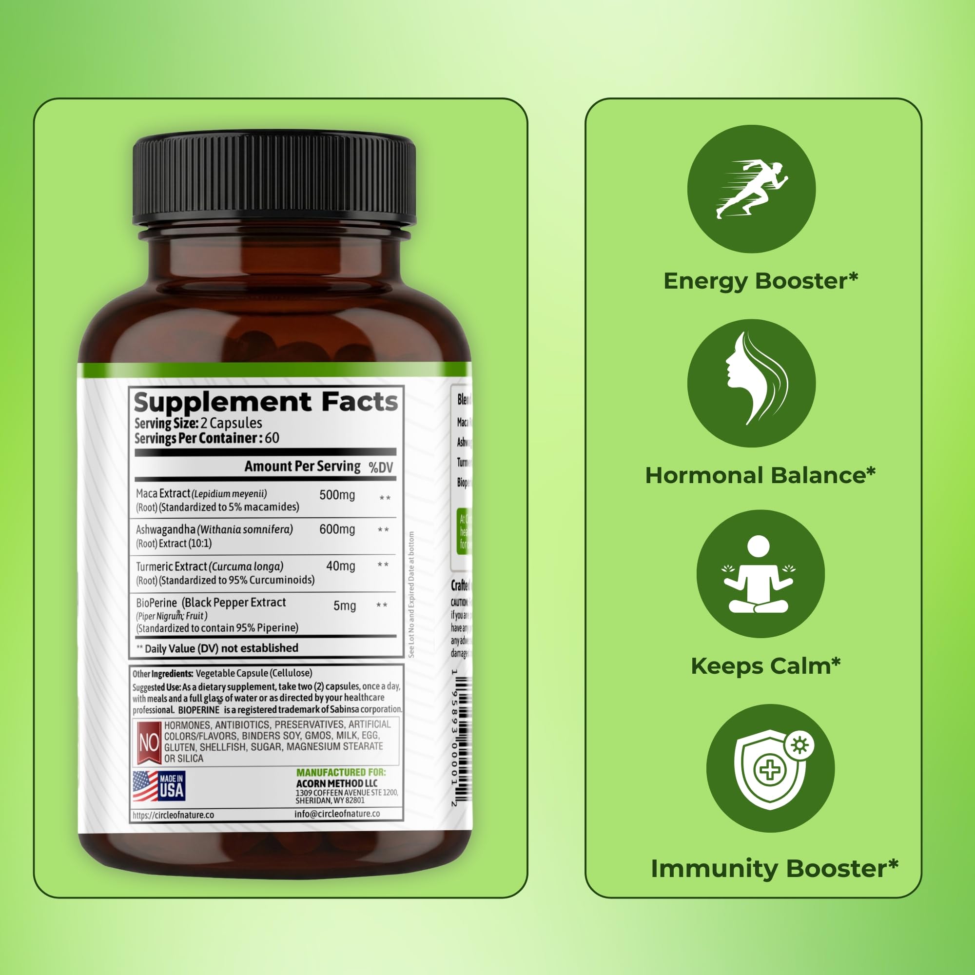 CIRCLE OF NATURE Ashwagandha Maca Root Capsules with a glass of water