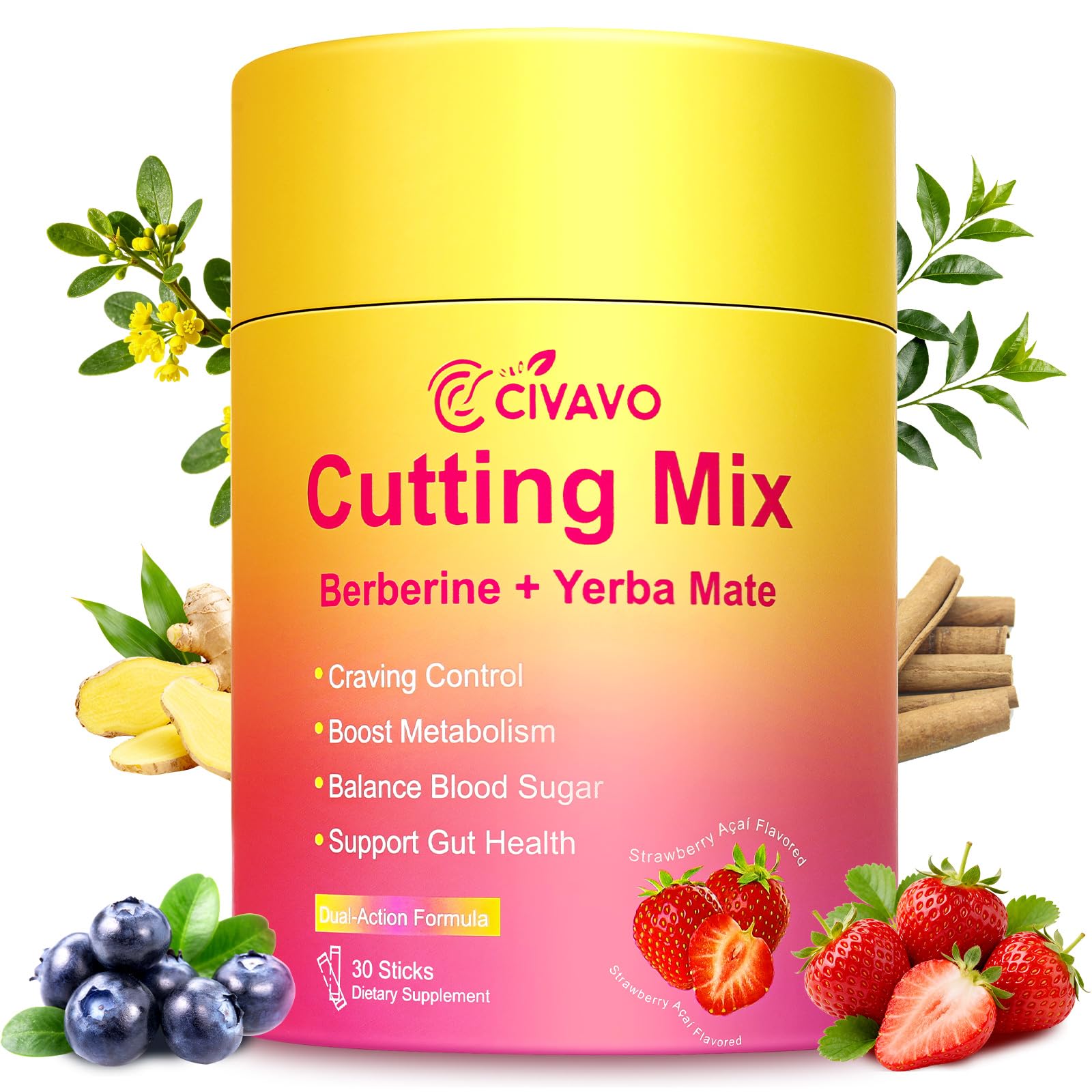 Civavo Prebiotic Supplement 30 sticks Strawberry Açaí flavour front view