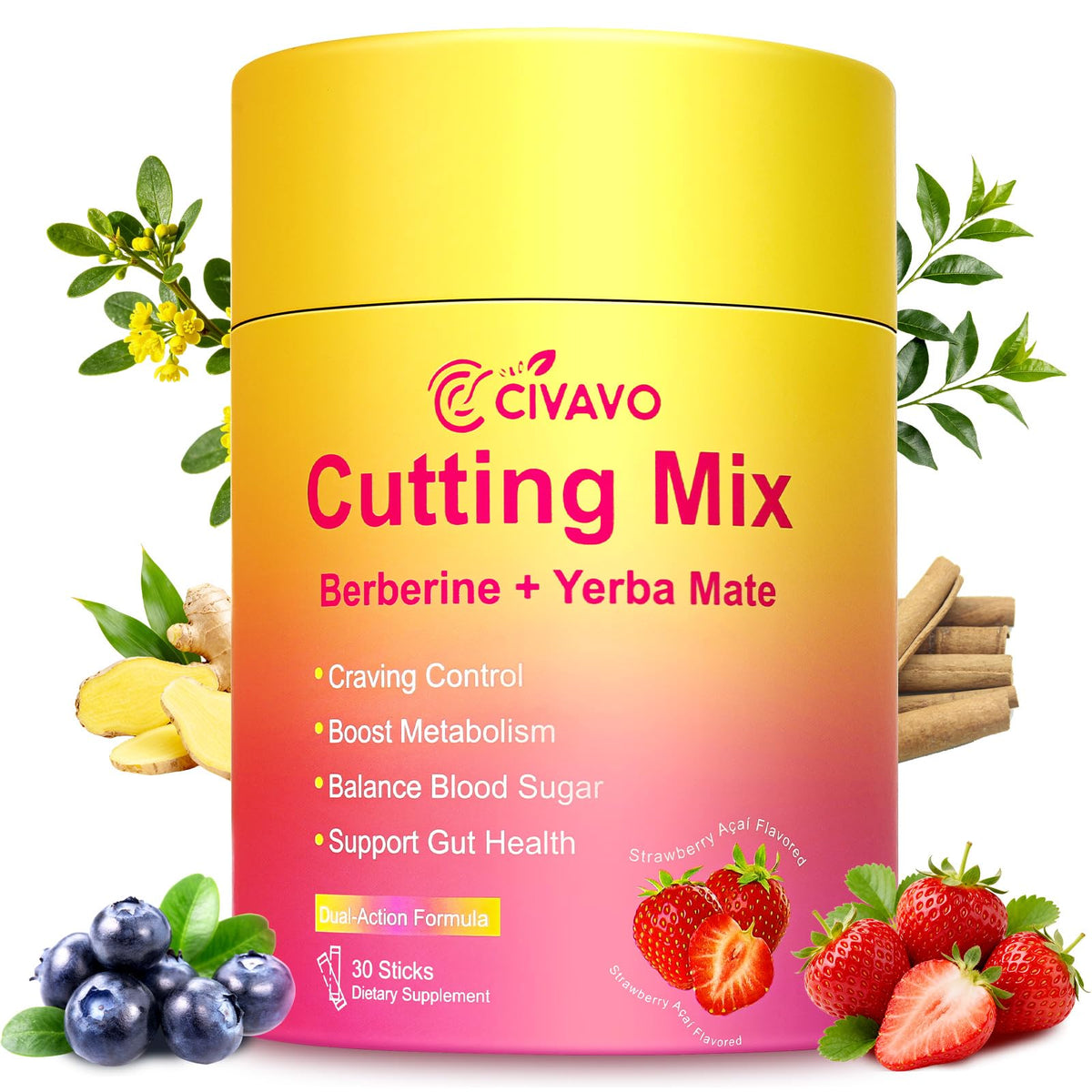 Civavo Prebiotic Supplement 30 sticks Strawberry Açaí flavour front view