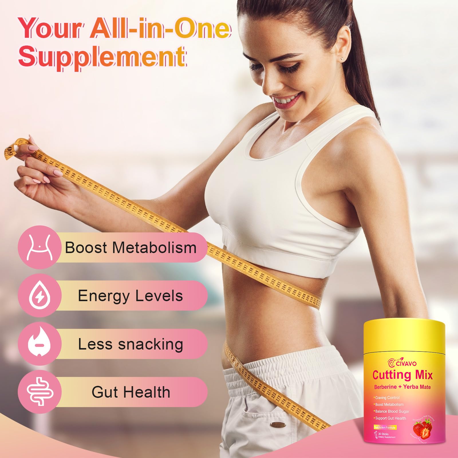 Civavo Prebiotic Supplement stick showing Strawberry Açaí colour
