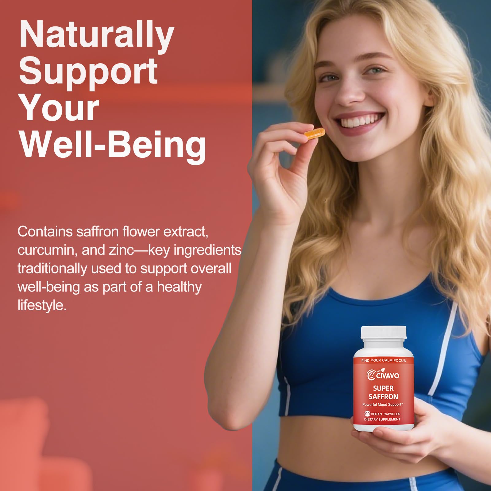 Civavo Saffron Supplements side view showing capsules